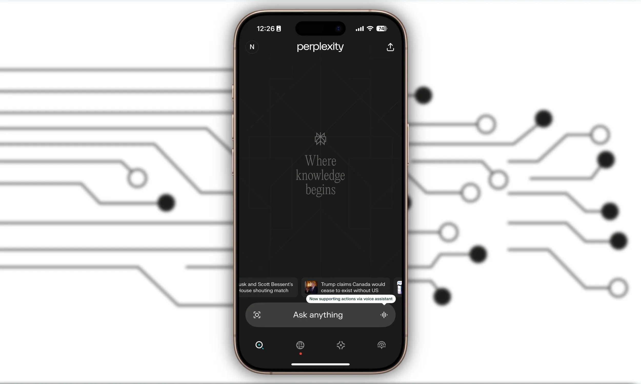 Home page for Perplexity Assistant interactions in Perplexity app.