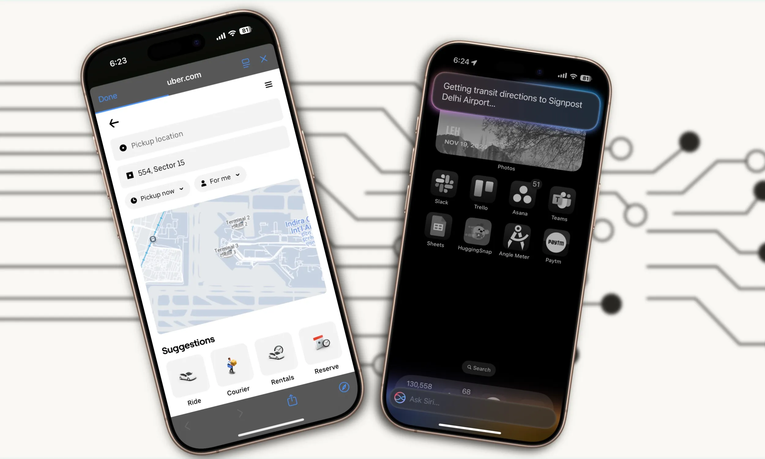 مقارنة بين سيري و Perplexity Assistant في حجز سيارة أجرة.
