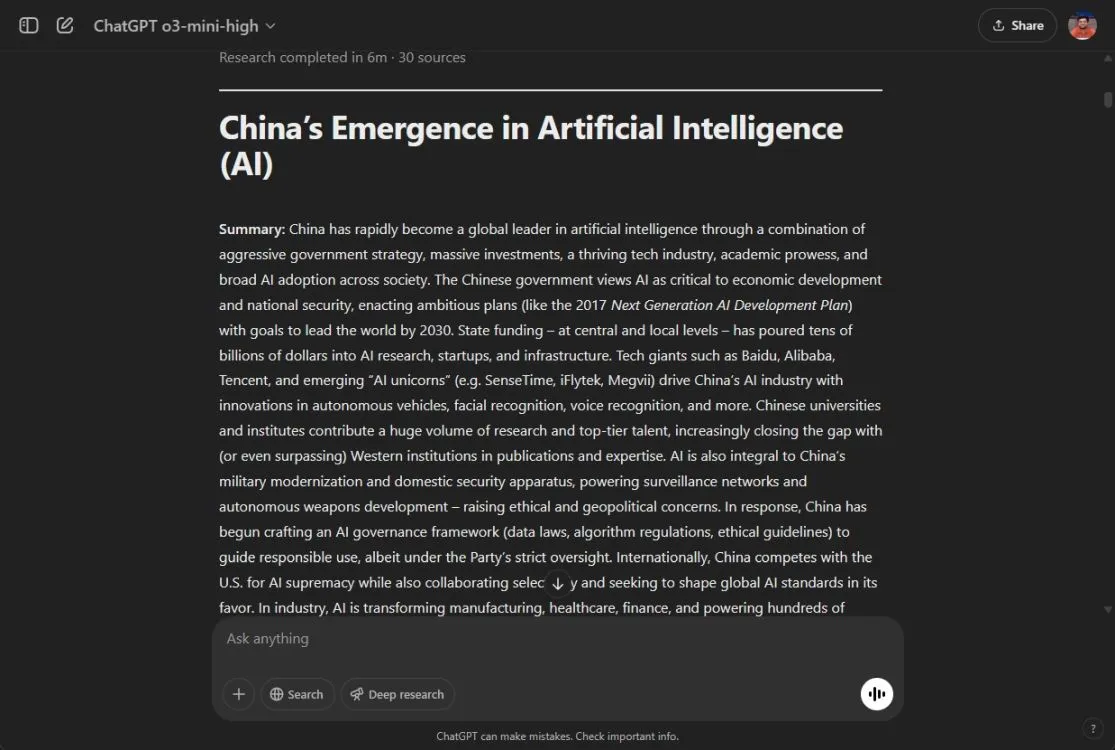 chatgpt deep research agent on china's ai emergence