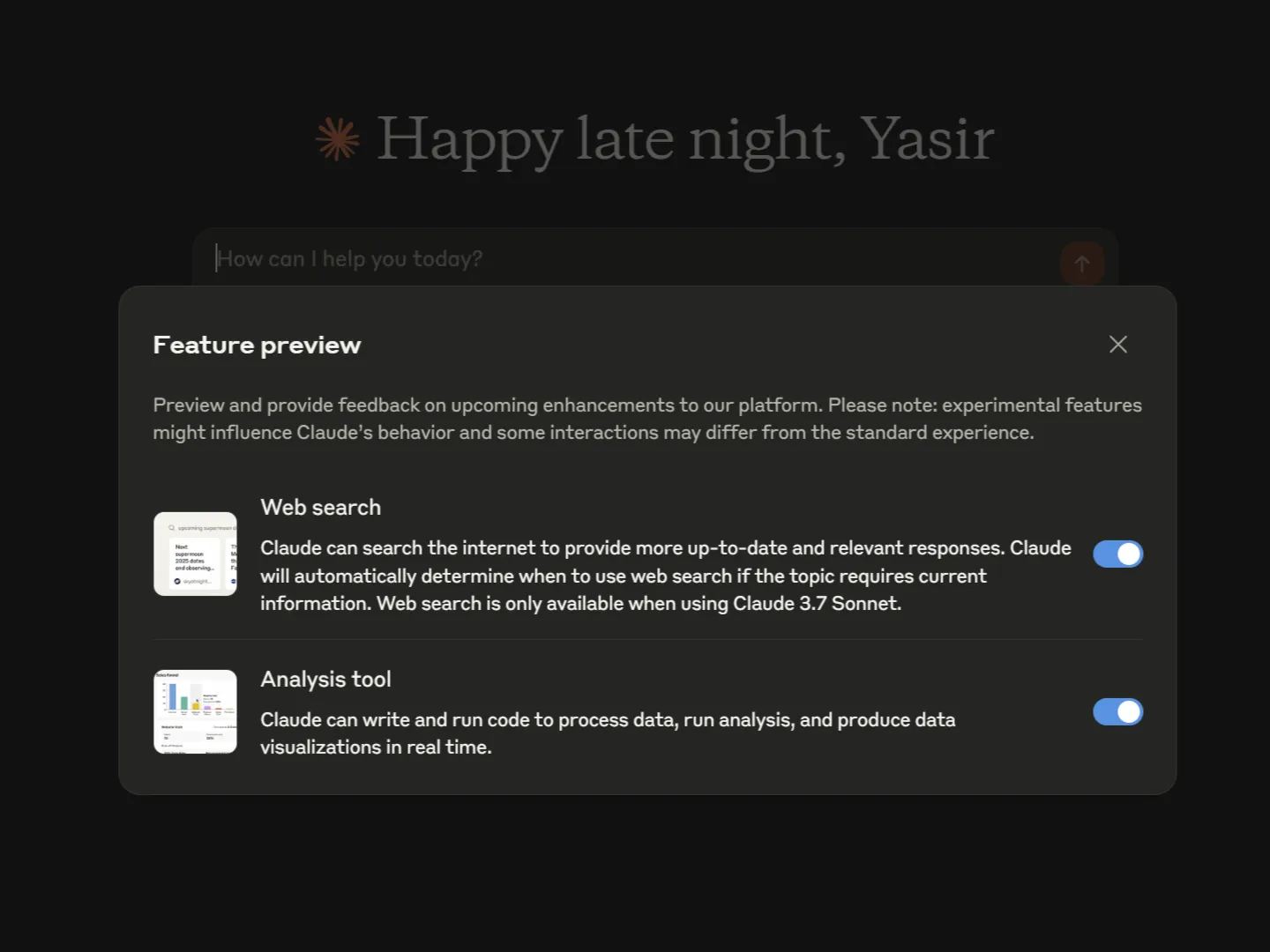 Claude analysis tool turned on in feature preview