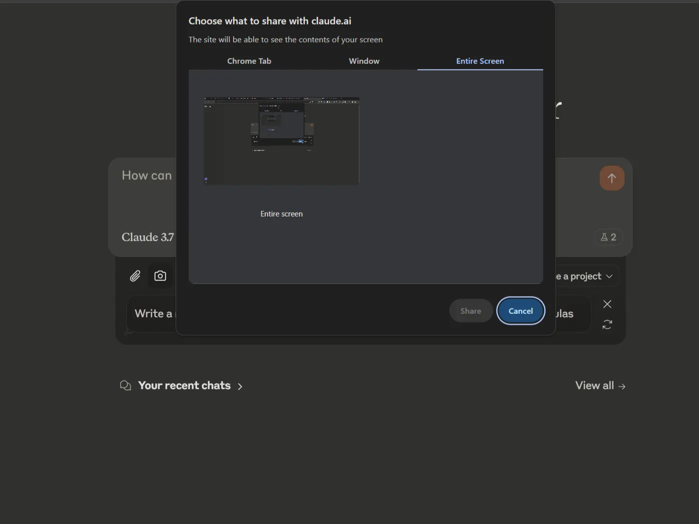 Claude showing screen share window
