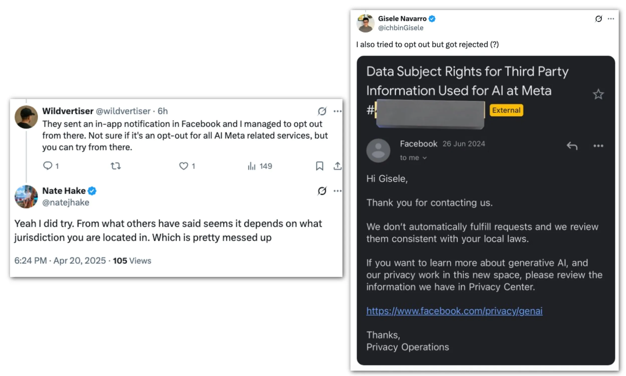 رد Meta بشأن الموافقة على تدريب الذكاء الاصطناعي.