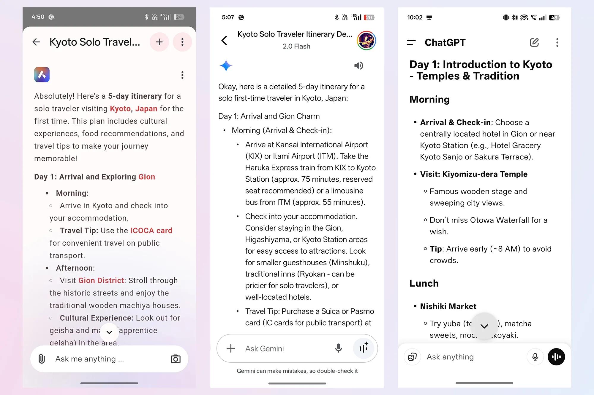 مقارنة استجابة روبوت الدردشة Opera Aria AI مقابل ChatGPT و Google Gemini لاستعلام نصي طويل.
