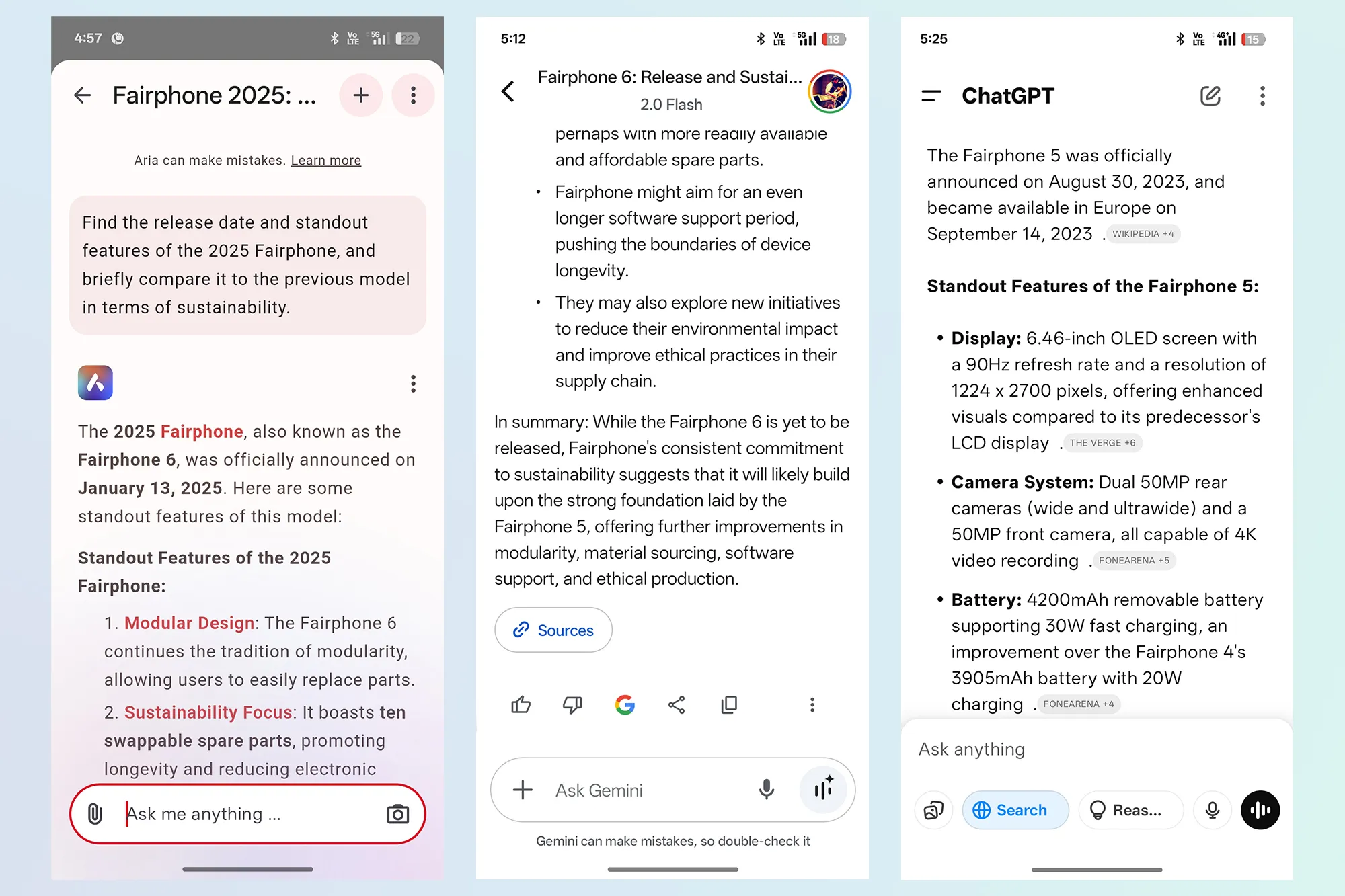 Response to a web search query on Opera Aria AI chatbot vs ChatGPT and Google Gemini.