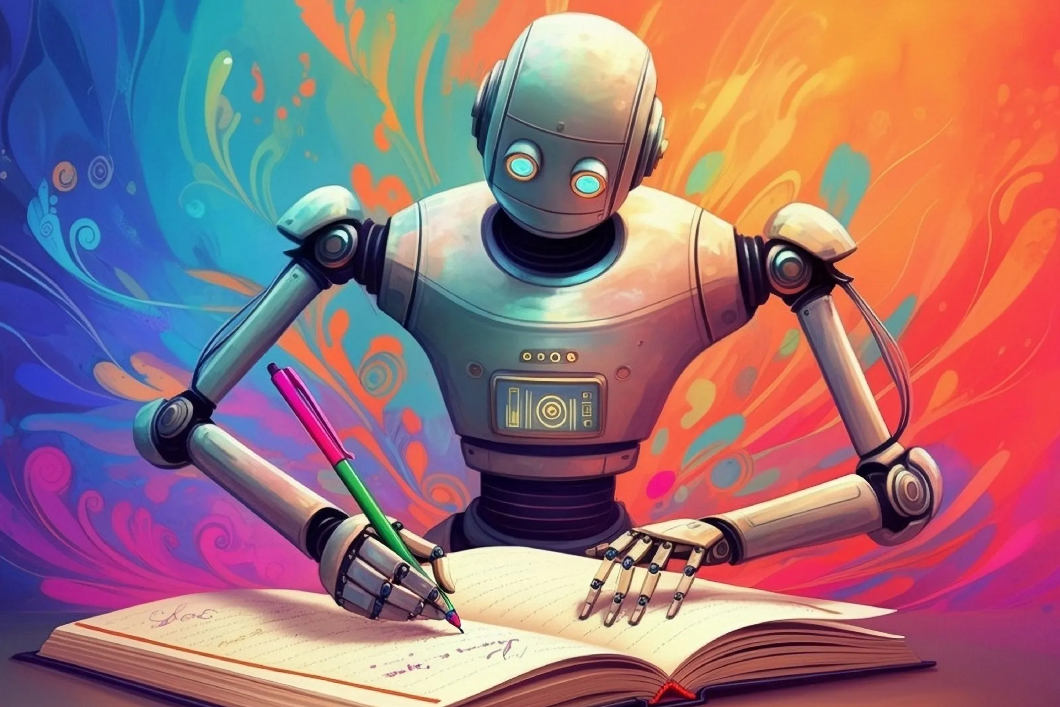 Robot writing a journal entry, colorful splattered background