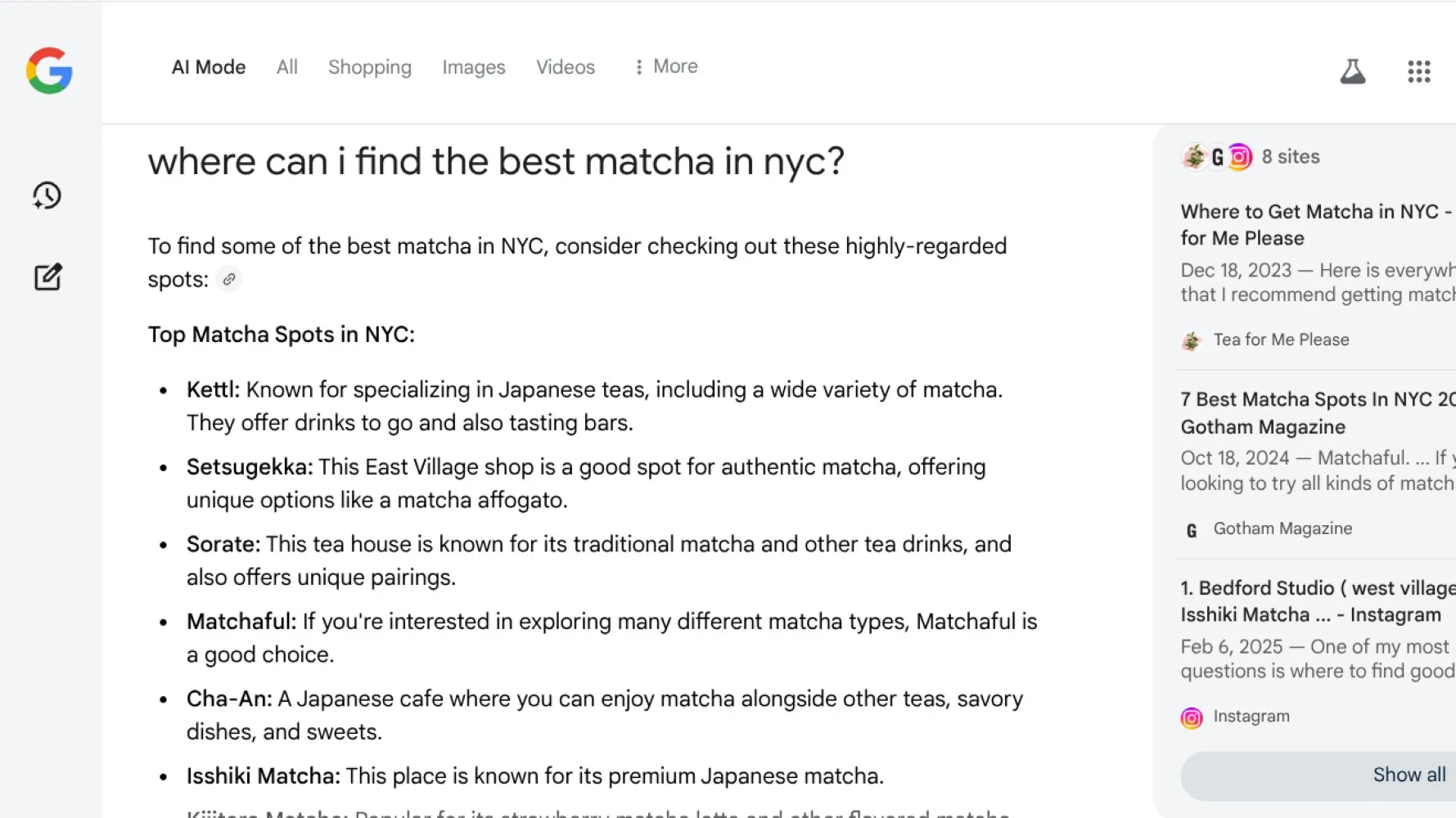 نتائج وضع الذكاء الاصطناعي للاستعلام “أين يمكنني أن أجد أفضل ماتشا في مدينة نيويورك؟”