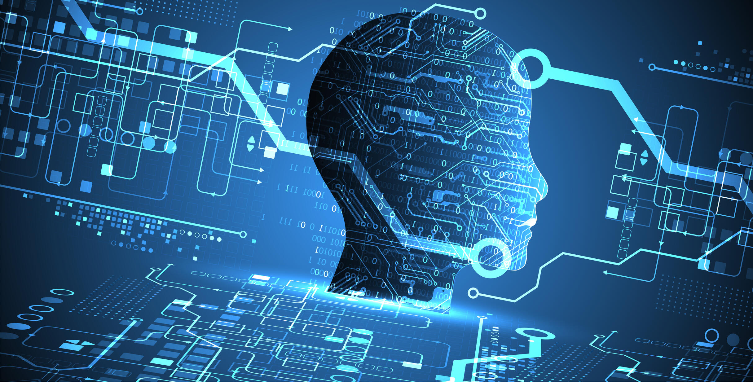 Circuit board schematic with silhouette of a human head