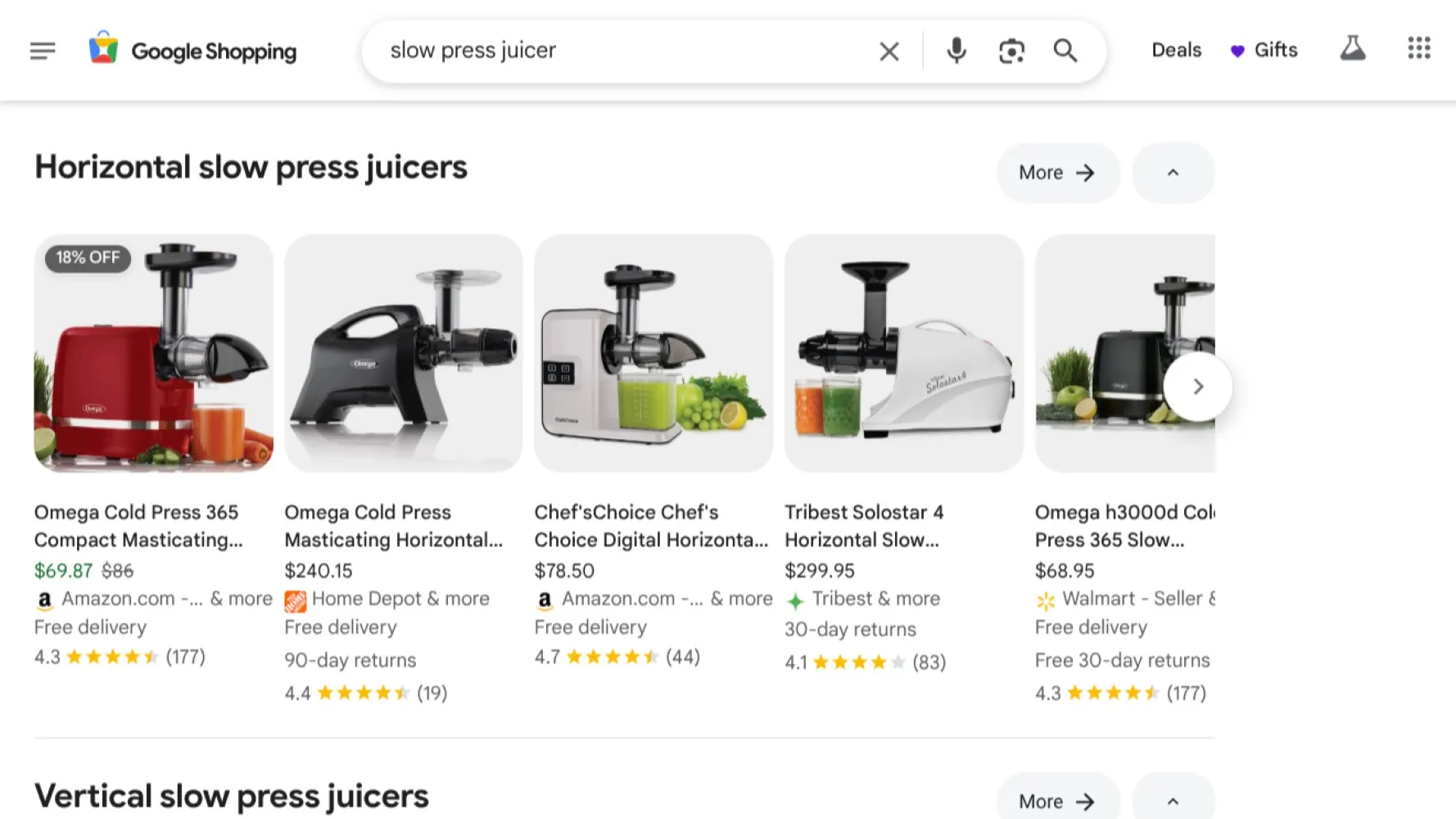 نتائج Google Shopping تعرض عصارات بطيئة.