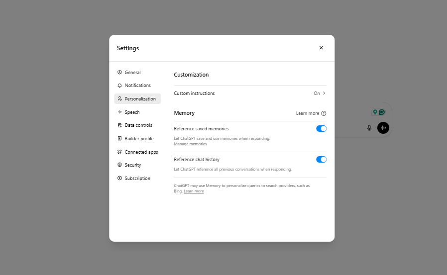 Screenshot of ChatGPT memory