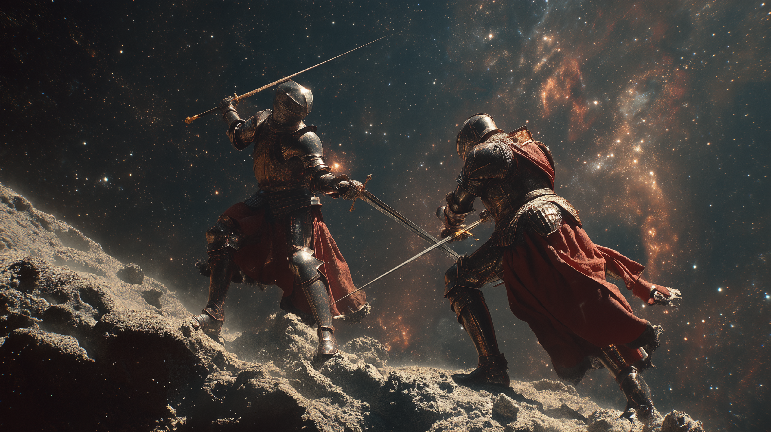 An image of two knights fighting in space created by Midjourney