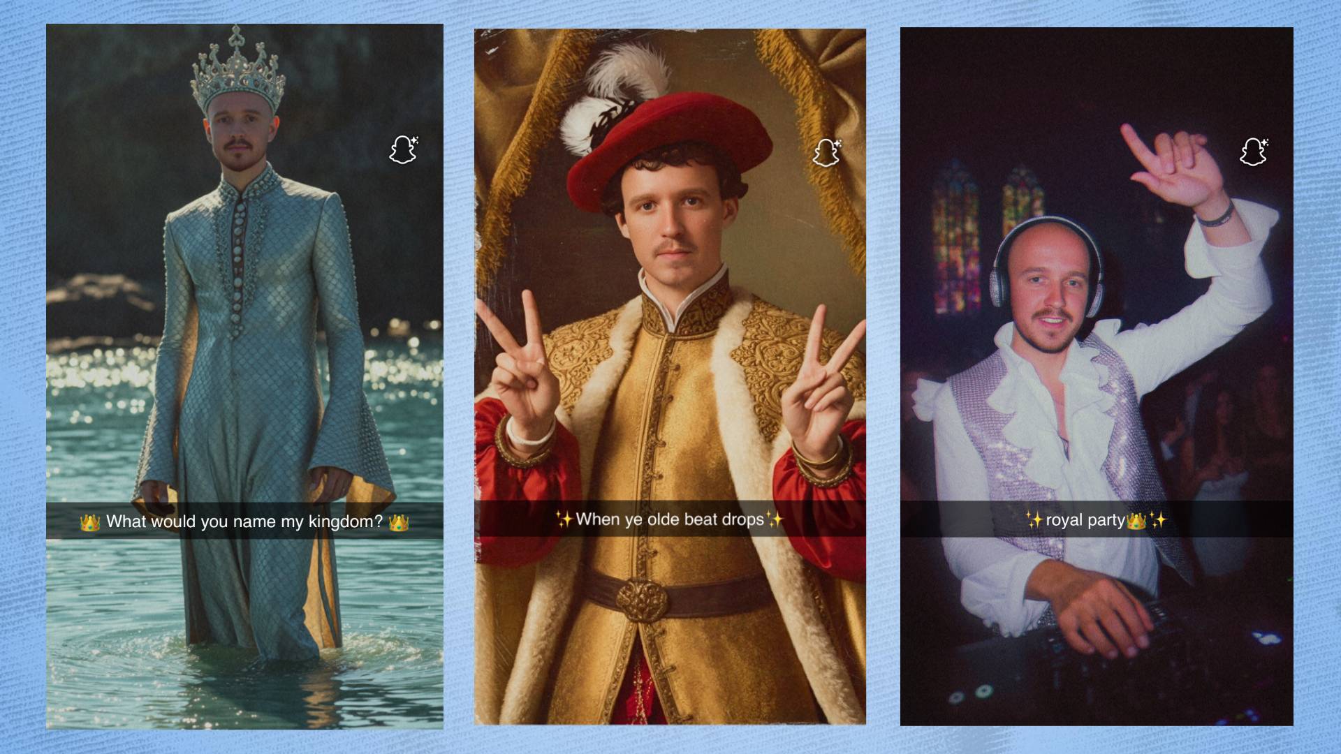 Three Snapchat AI Lenses pictures on blue background