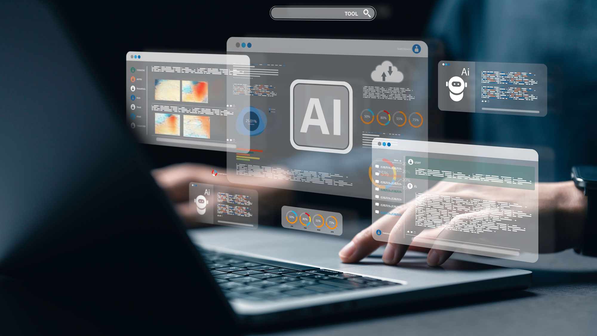 شخص يعمل على جهاز كمبيوتر محمول باستخدام أدوات الذكاء الاصطناعي