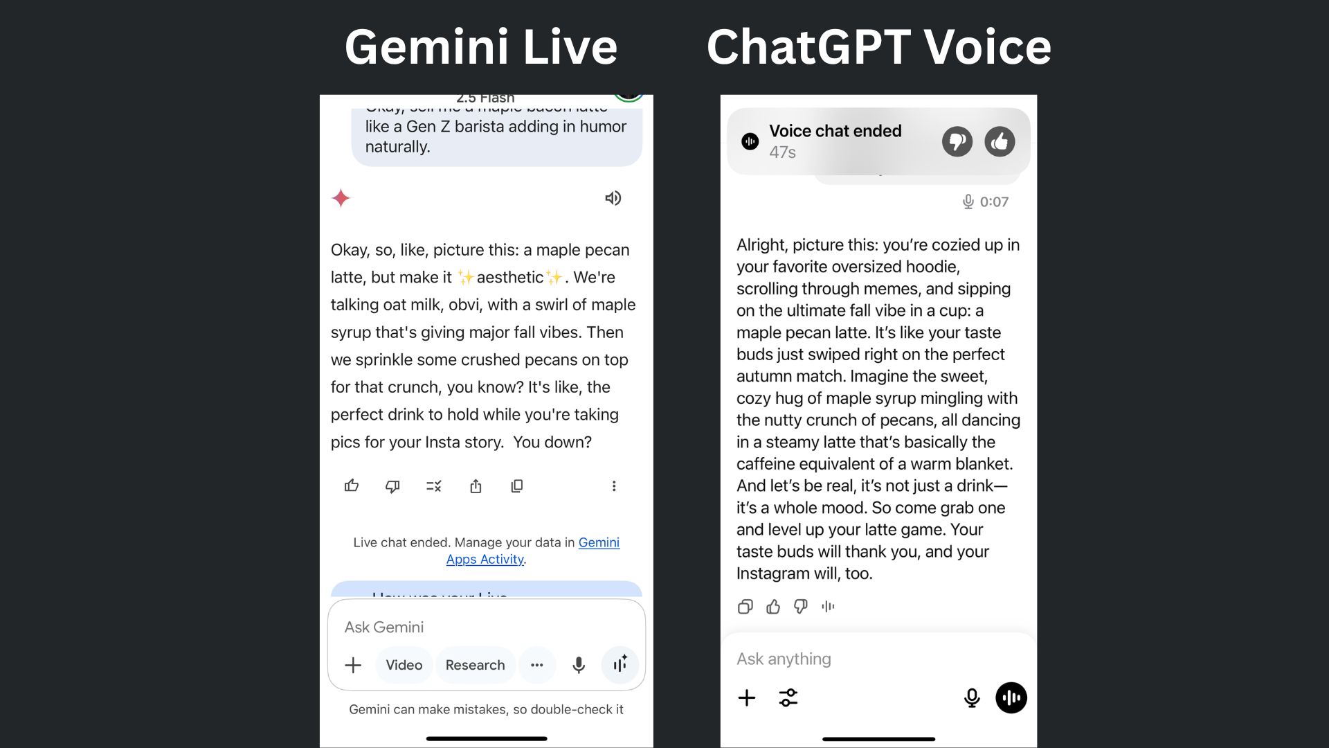 Screenshot of ChatGPT and Gemini Live