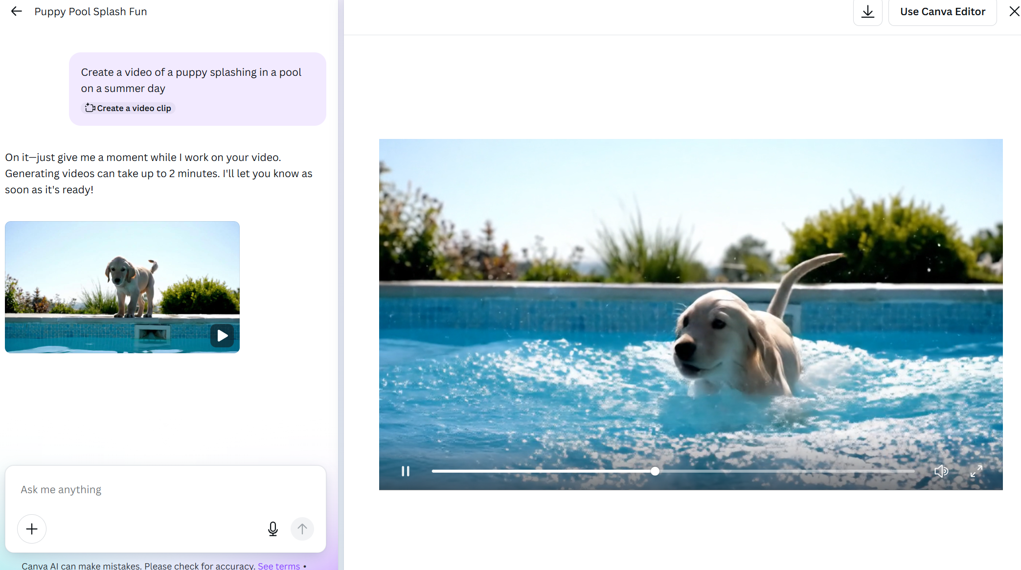 Video of a puppy jumping in a pool on Canva