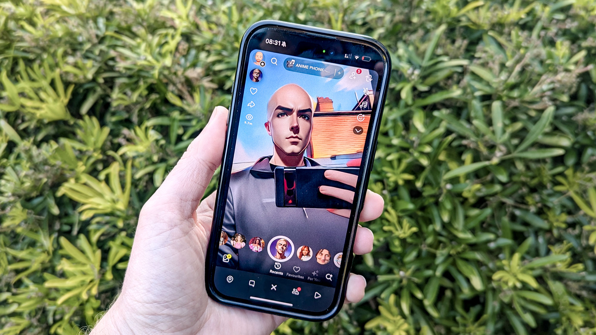 Person holding iPhone with Snapchat AI Lens on display with bush in the background