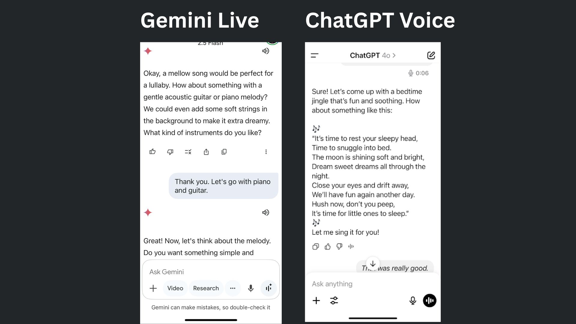 Screenshot Gemini Live and ChatGPT