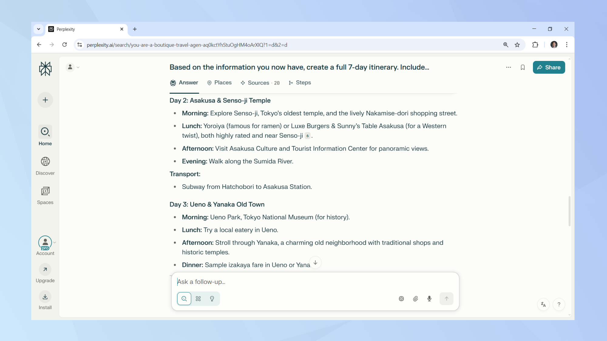 Perplexity itinerary