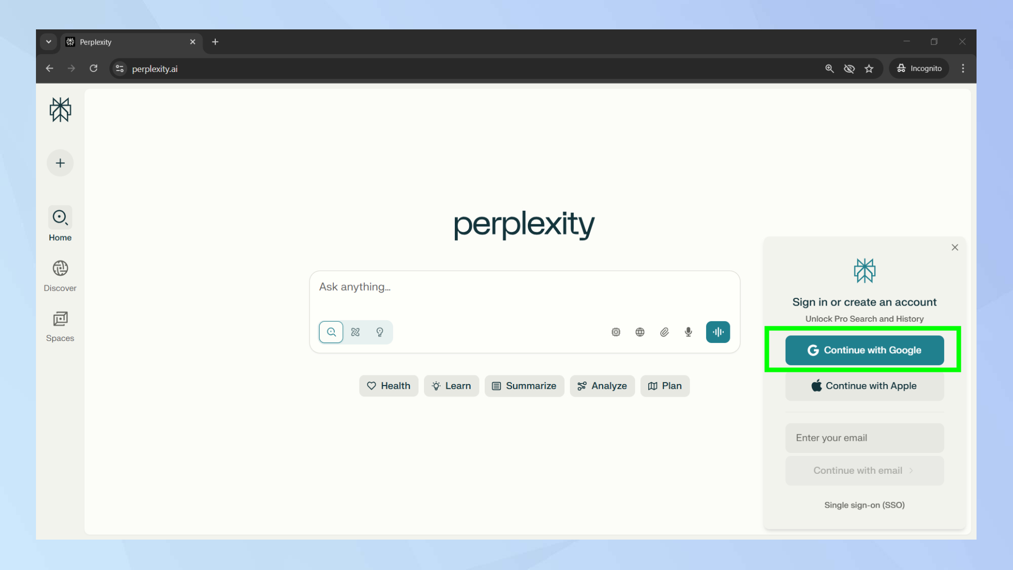 Perplexity Sign in page