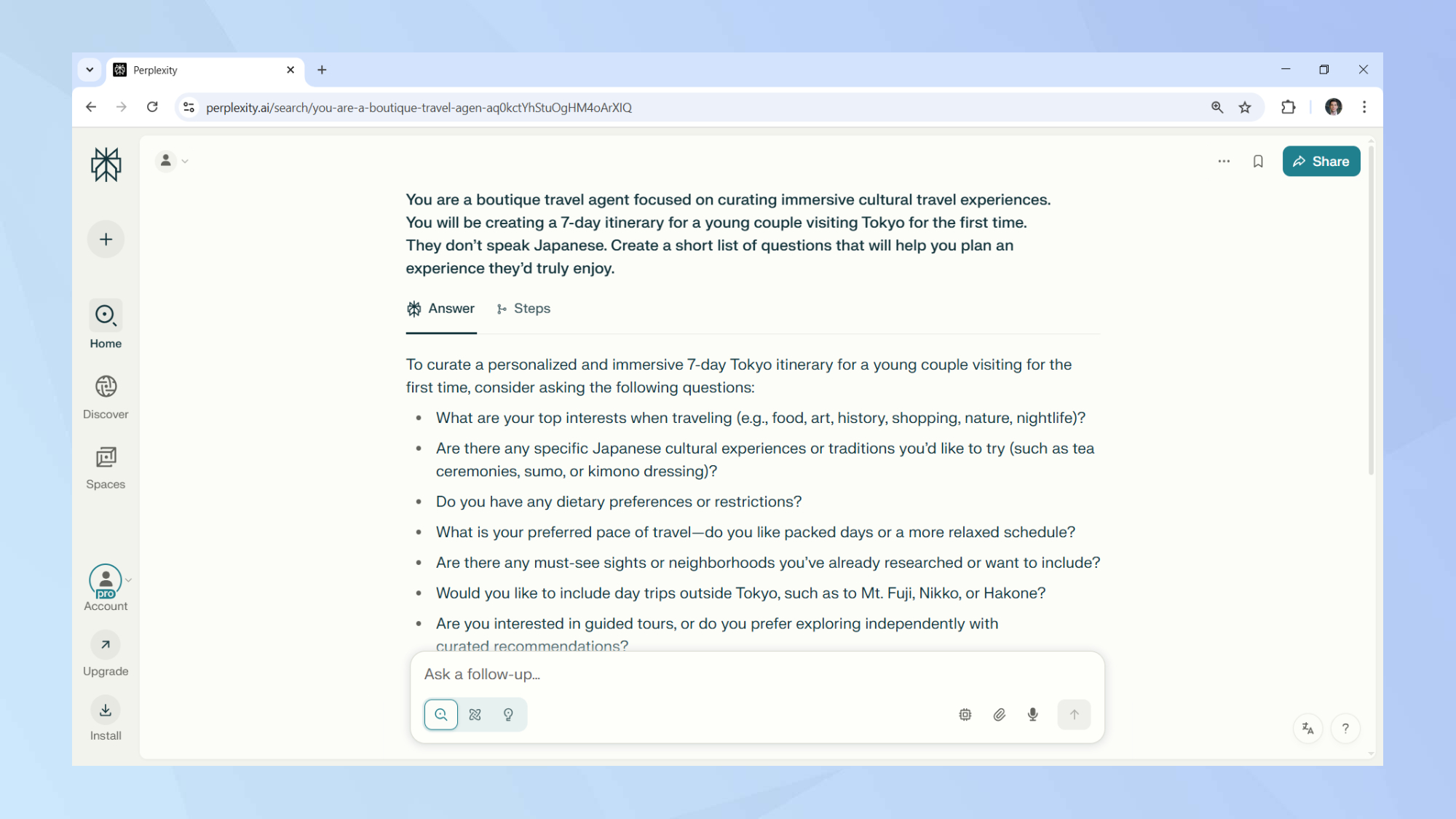 Perplexity prompt output