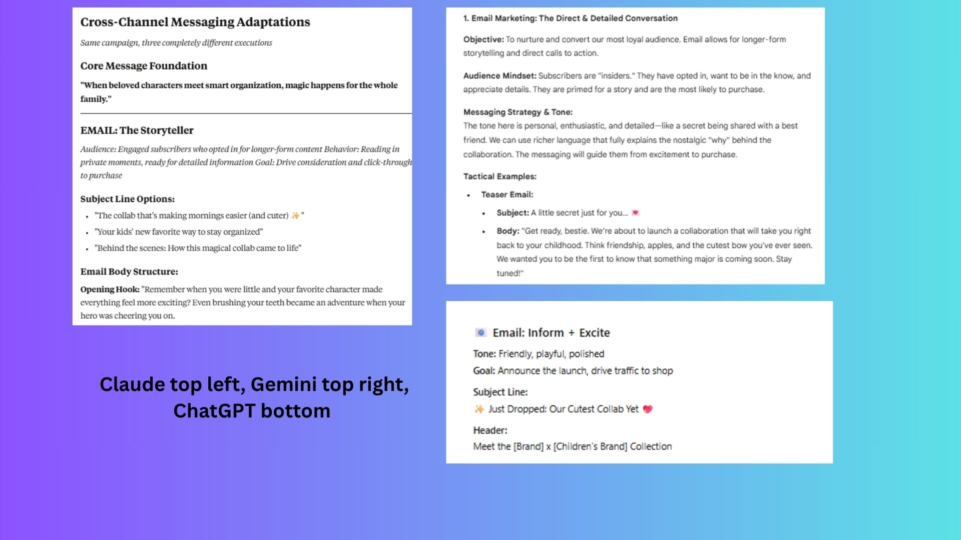 screenshot of ChatGPT, Gemini and Claude responses