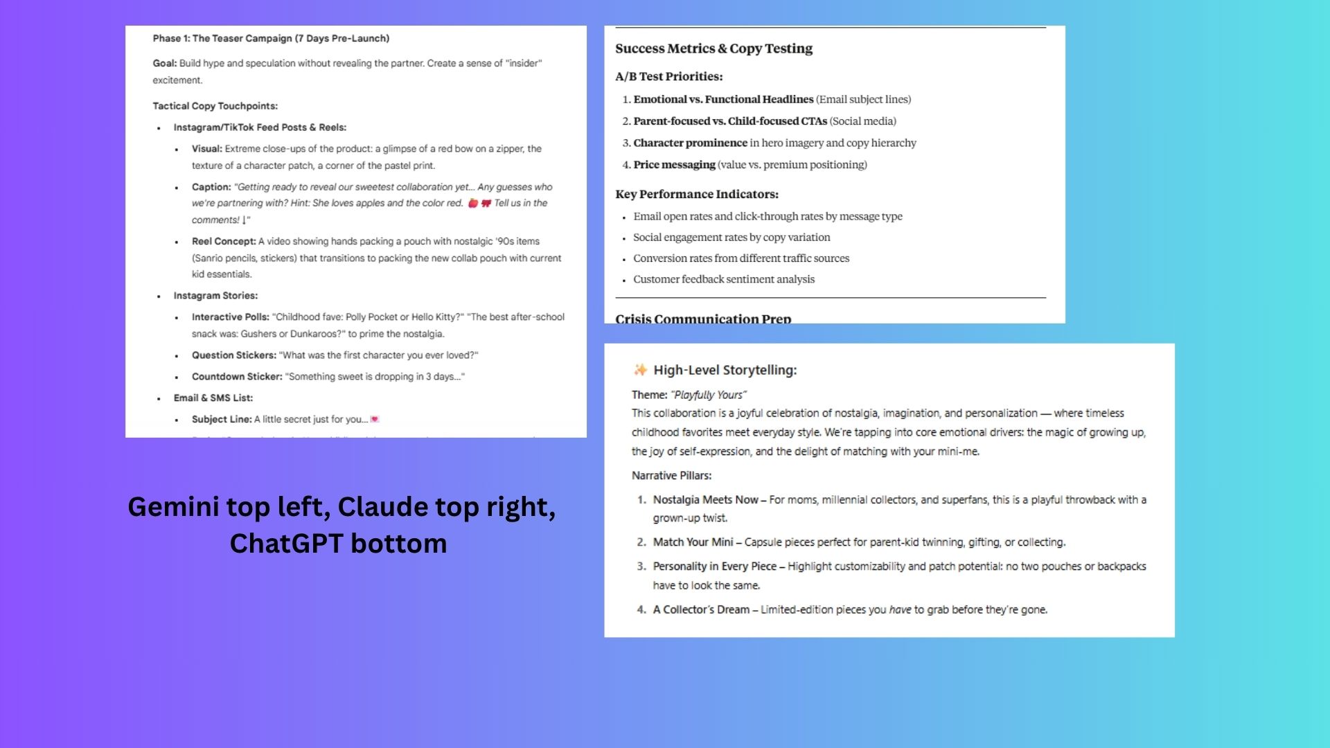 screenshot of ChatGPT, Gemini and Claude responses