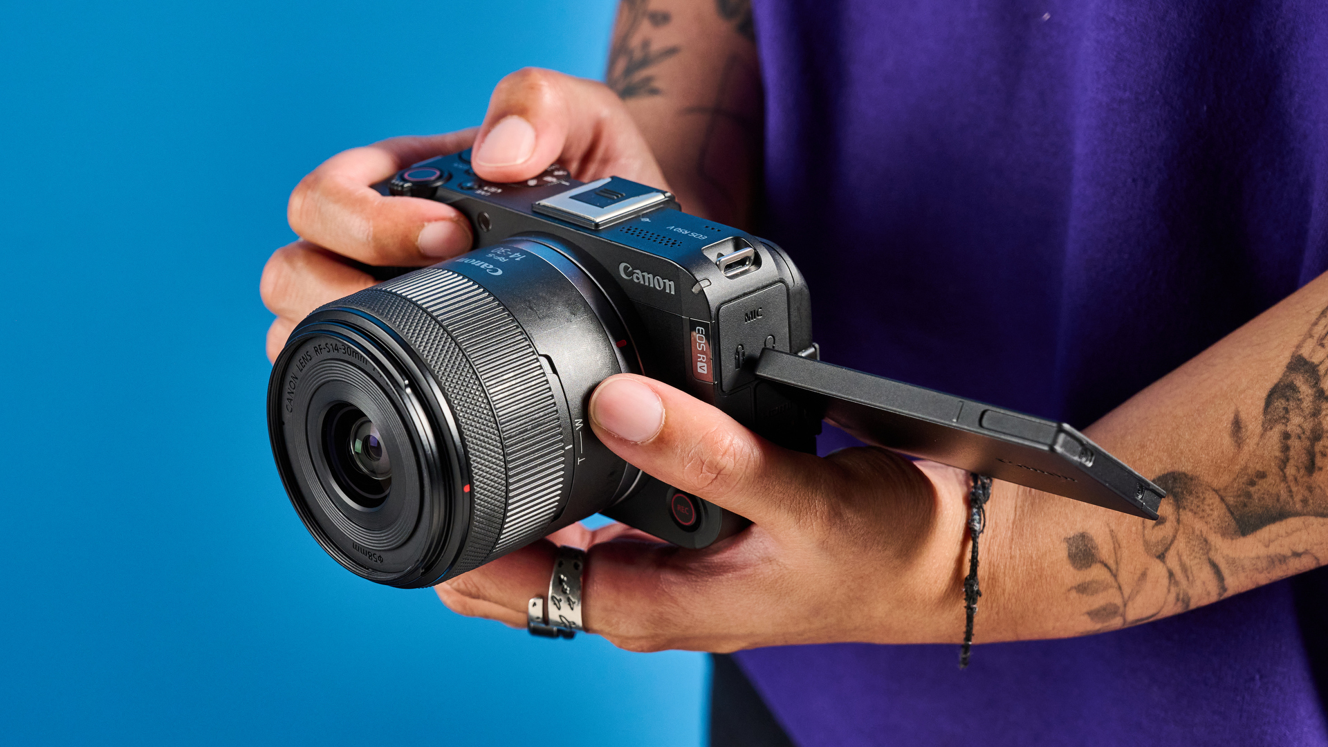 A black Canon EOS R50 V video-first camera