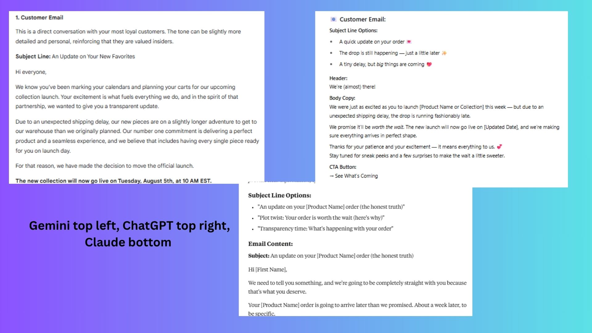 screenshot of ChatGPT, Gemini and Claude responses
