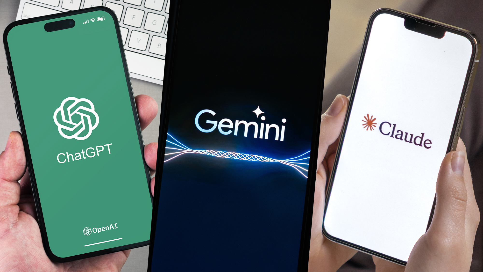 AI ChatGPT vs. Gemini vs. Claude logos on phones