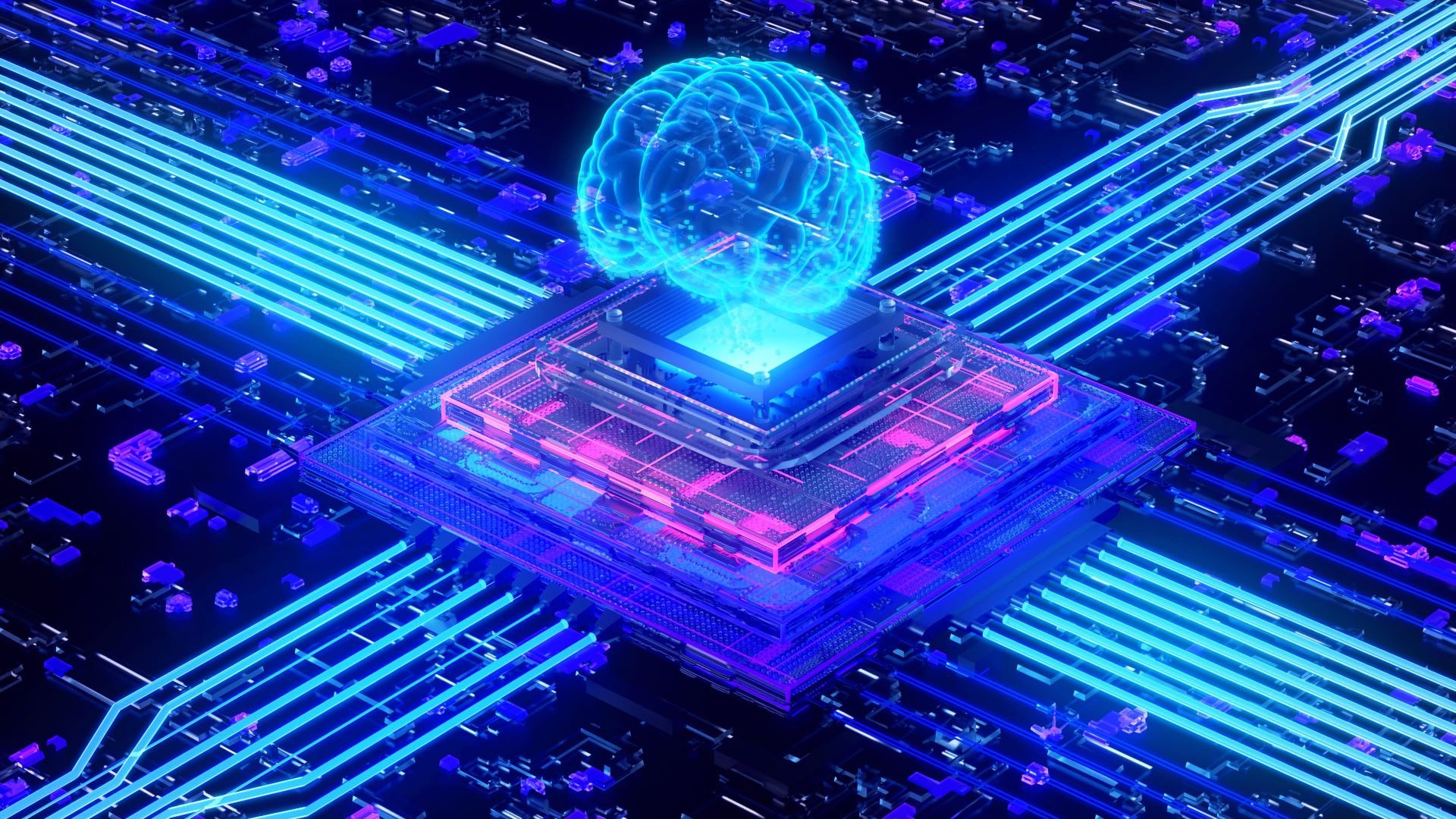 صورة مجردة للوحة دوائر ومعالج مركزي يمثل دماغًا تم إنشاؤه بواسطة الذكاء الاصطناعي.