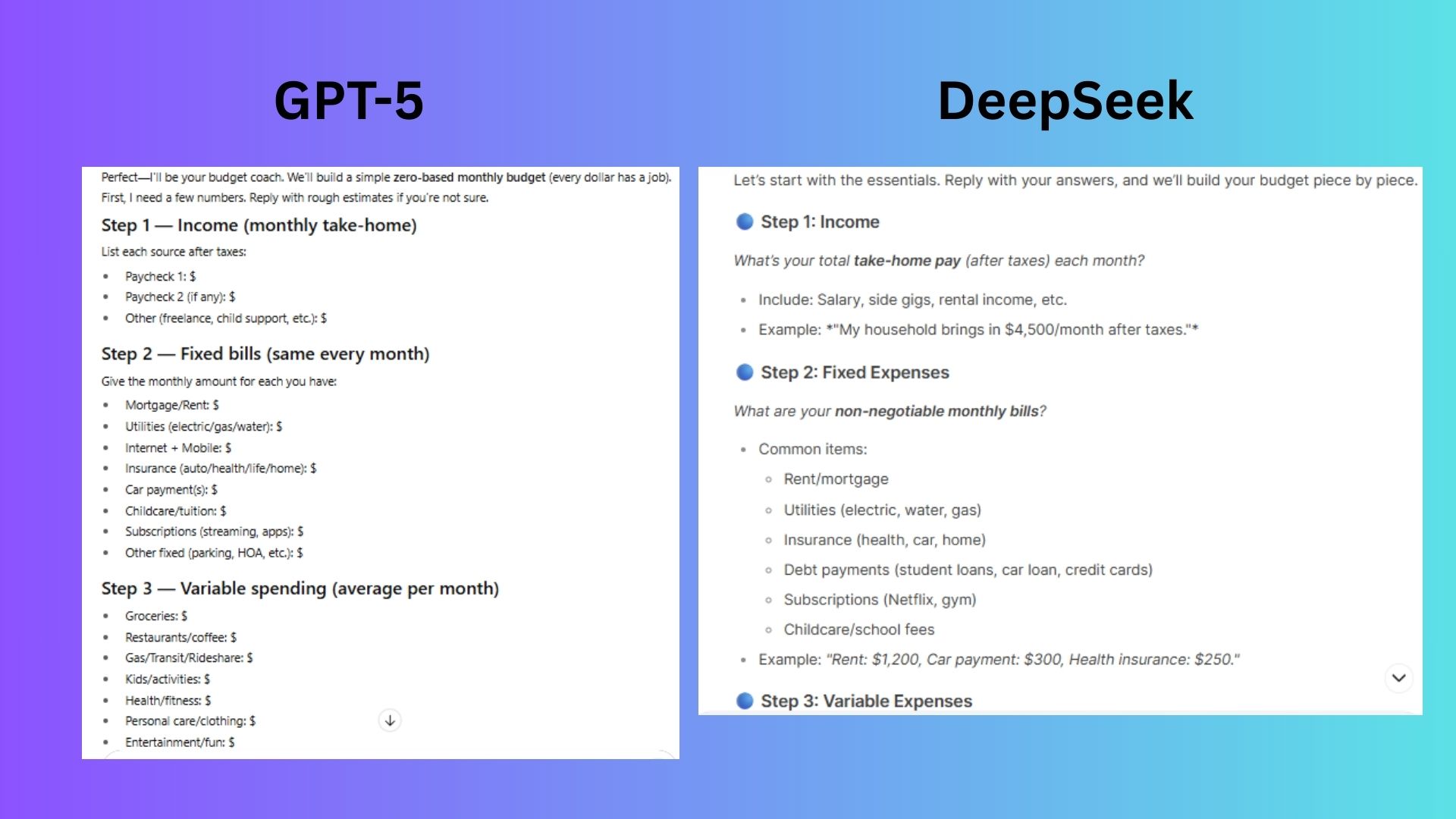 لقطة شاشة مقارنة بين GPT-5 و deepseek