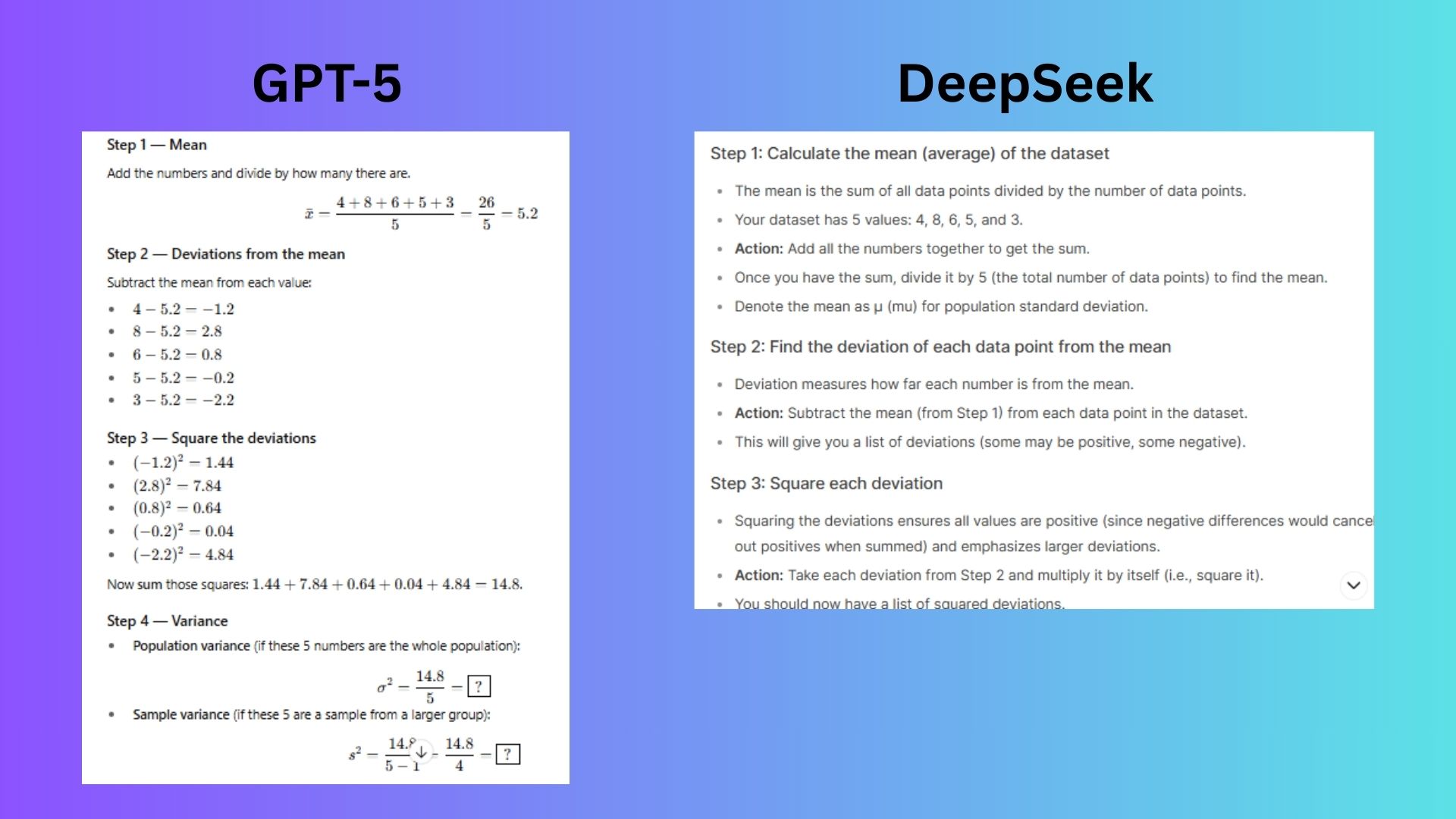 لقطة شاشة مقارنة بين GPT-5 و deepseek