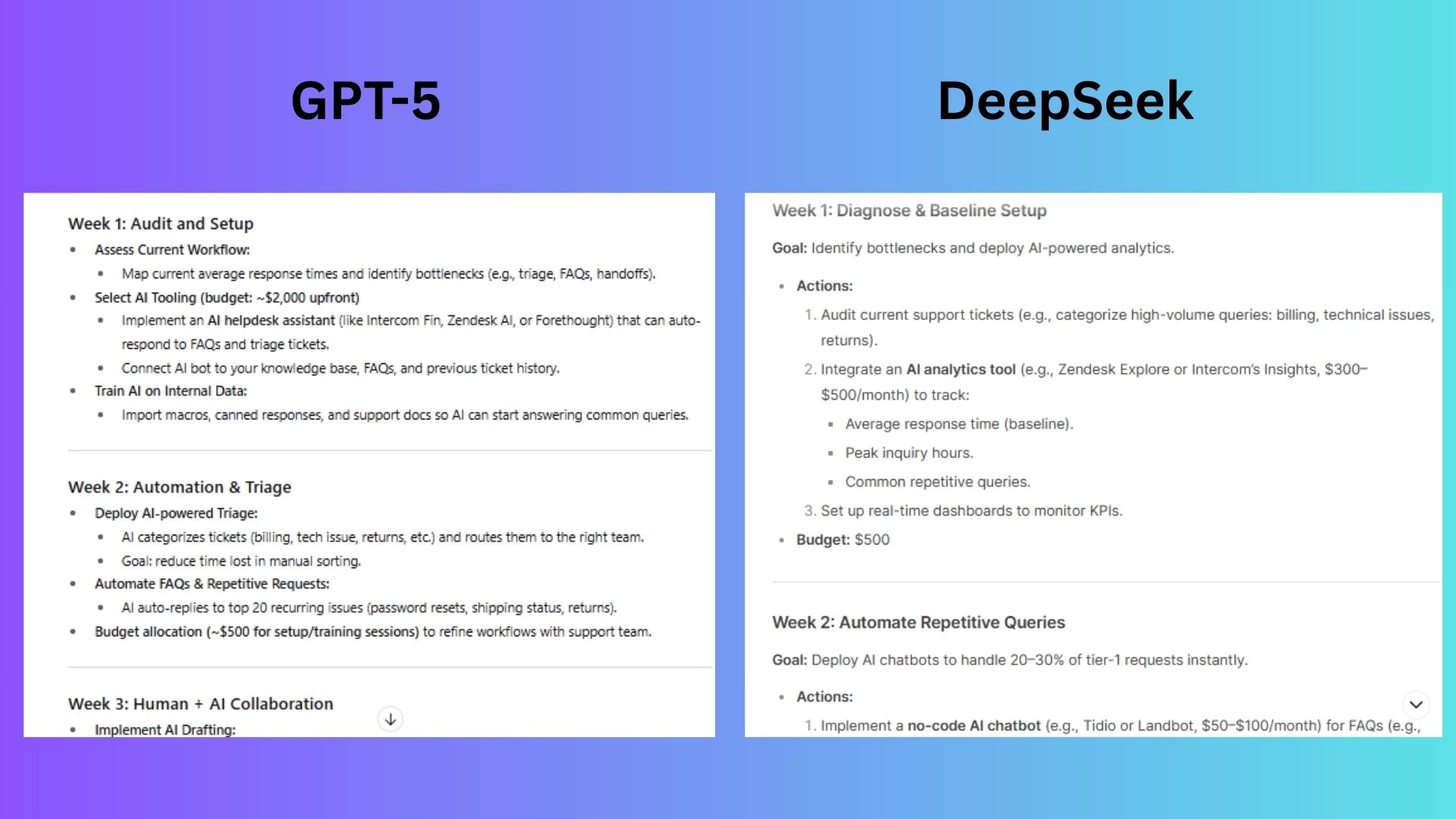 لقطة شاشة مقارنة بين GPT-5 و deepseek