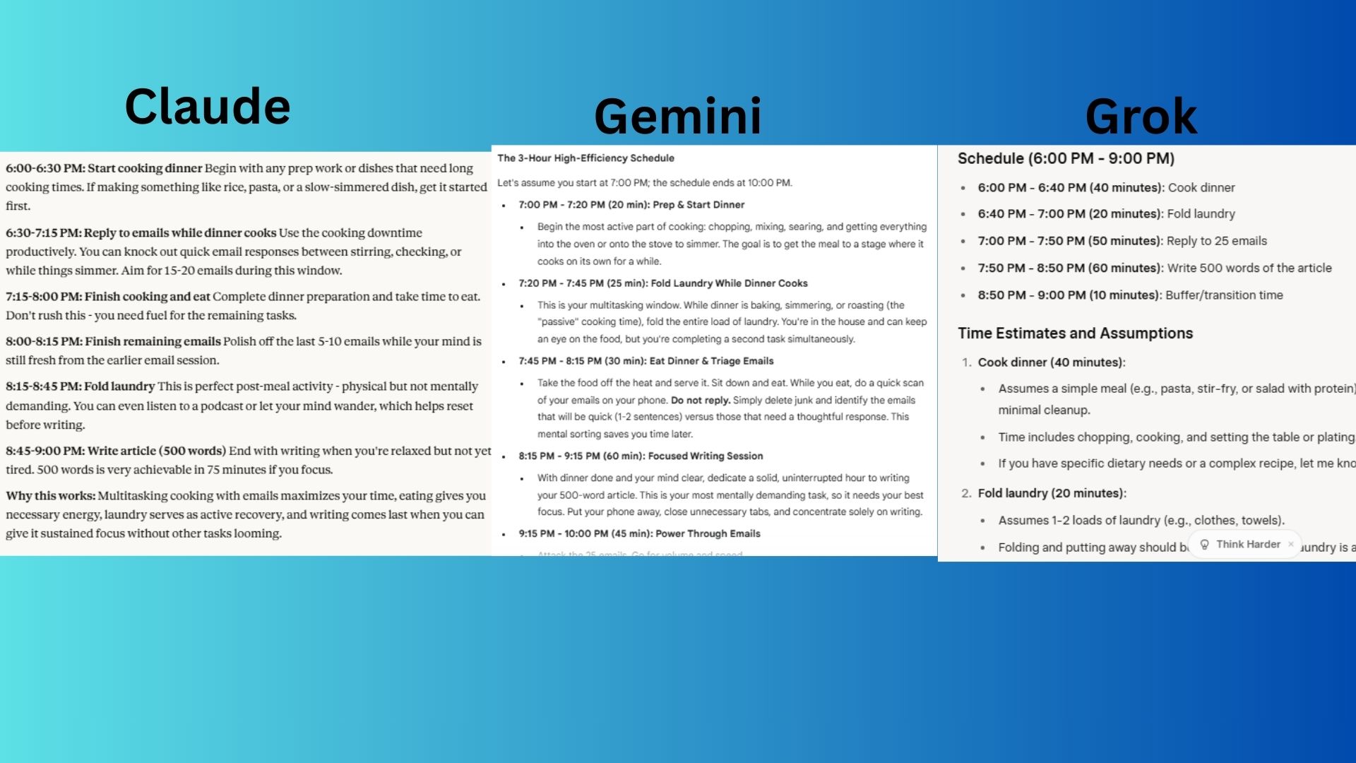 لقطة شاشة لمقارنة بين Claude و Gemini و Grok