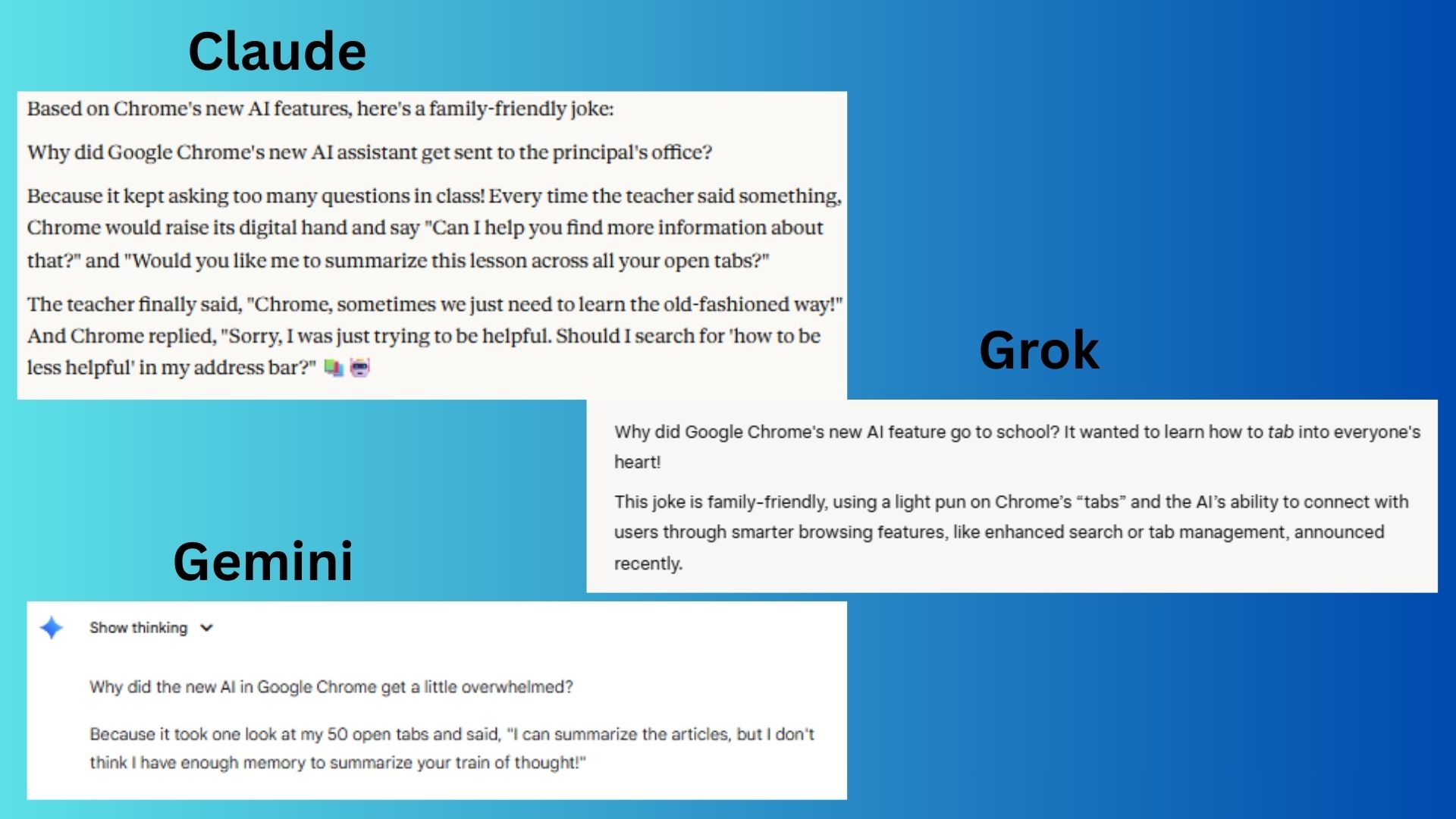 لقطة شاشة لمقارنة بين Claude و Gemini و Grok