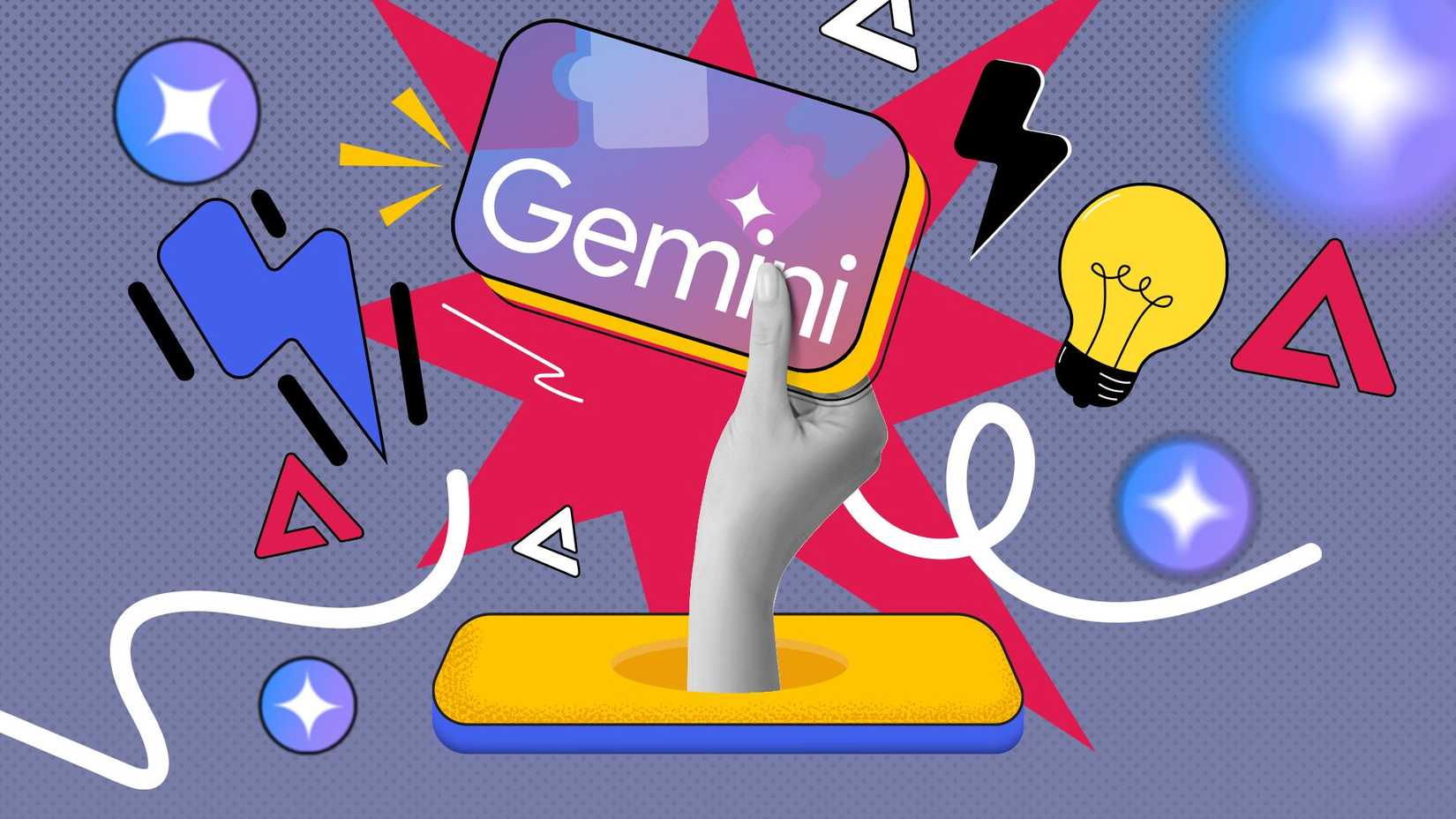 يد تخرج من هاتف تحمل بطاقة Gemini، مع أيقونات لبرق، وبريق، ومصباح كهربائي حولها