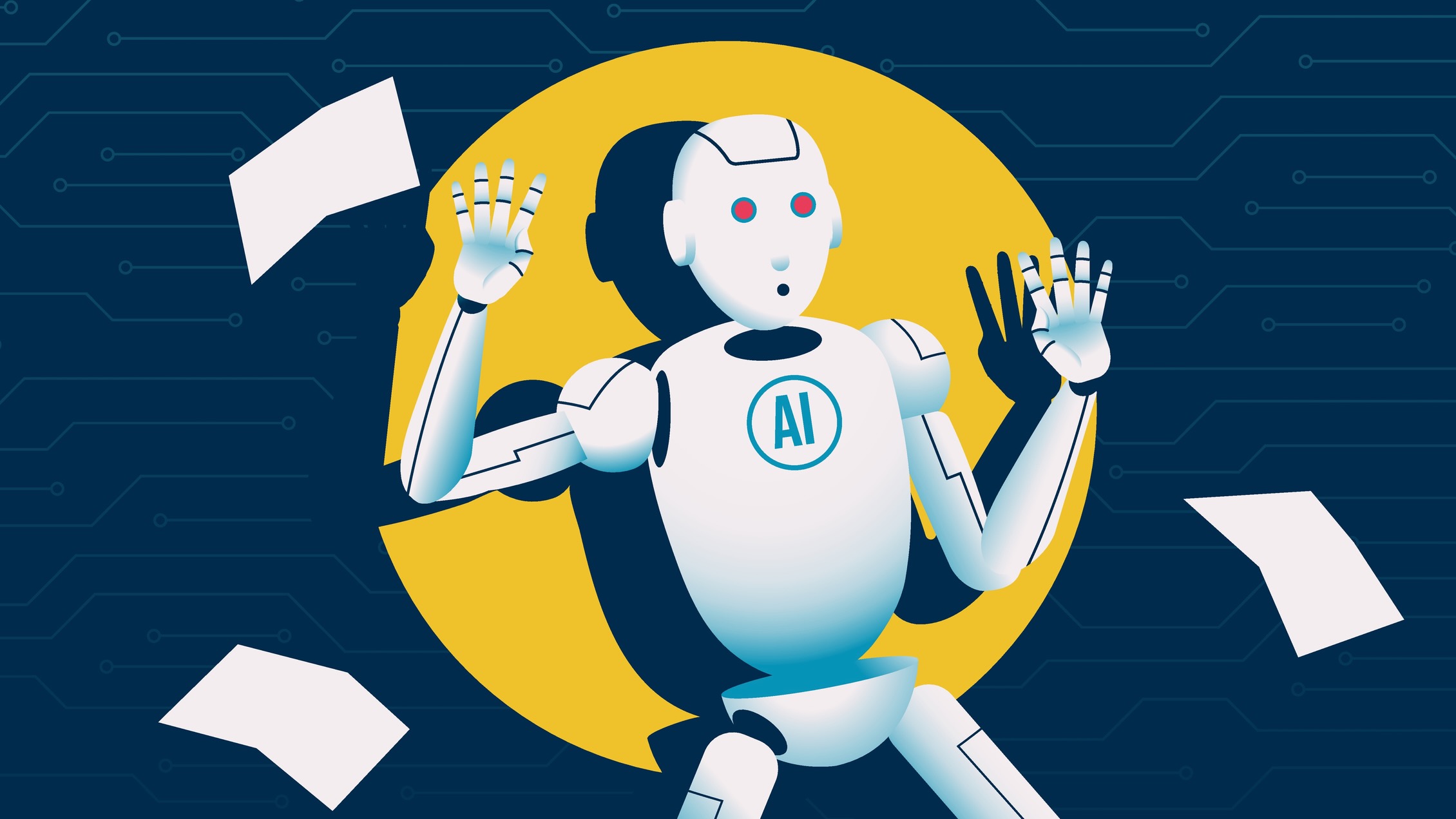 رسم توضيحي لرجل آلي سايبورغ يسمى "الذكاء الاصطناعي" محاصرًا في ضوء كشاف، ومحاطًا بأوراق اختبار متطايرة.