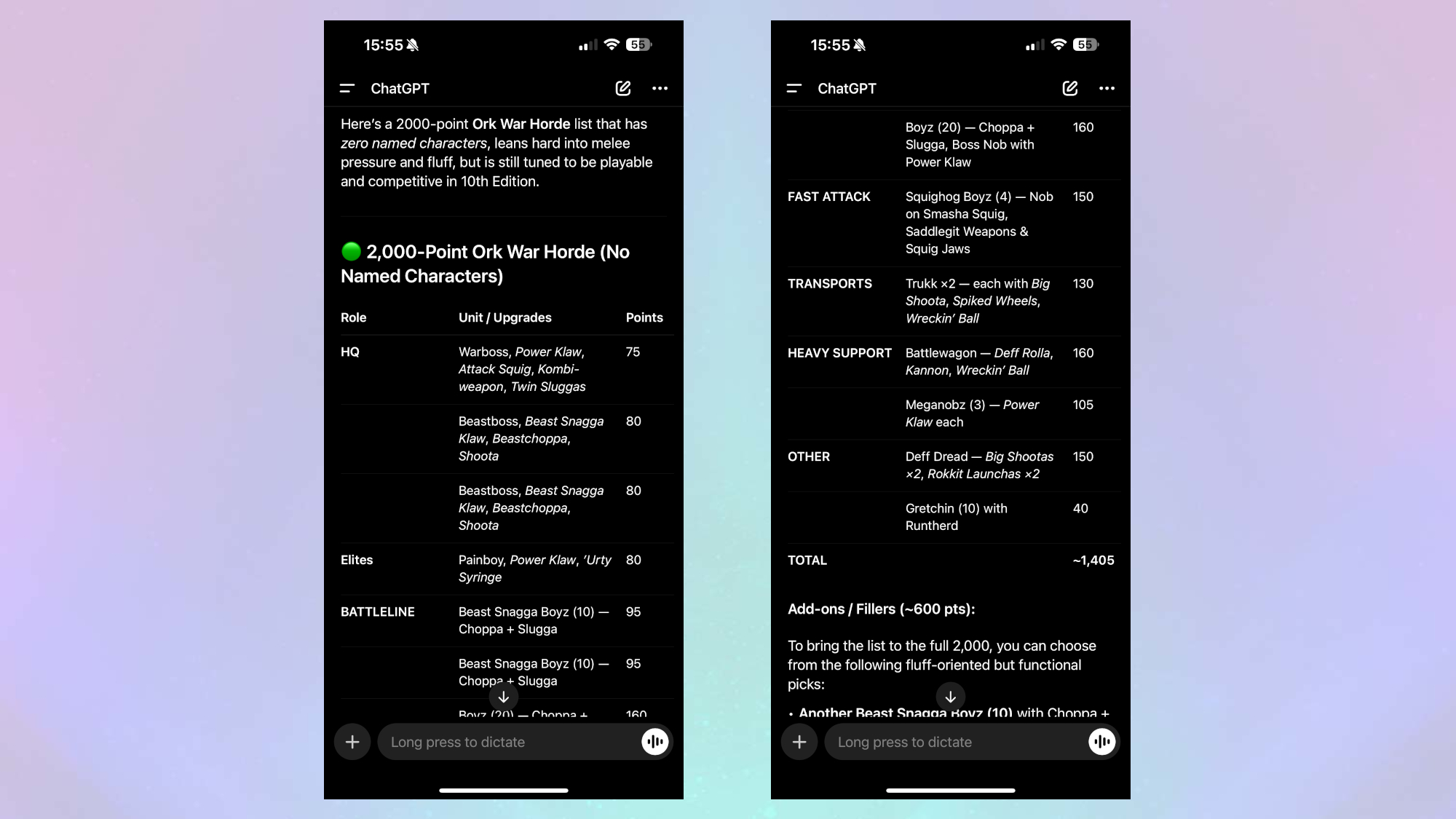الجزء الأول من قائمة جيش Warhammer التي أنشأها ChatGPT