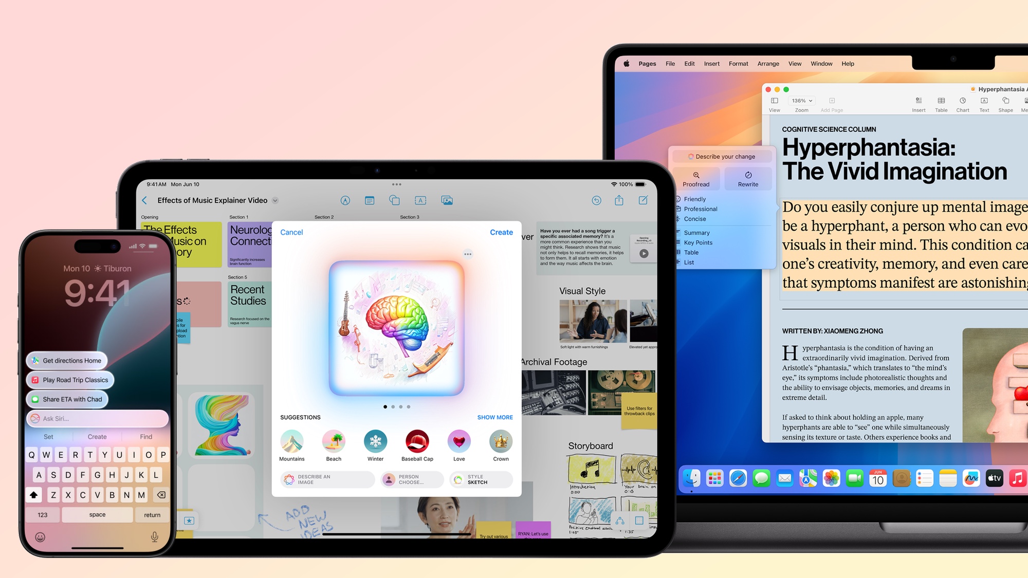 Apple Intelligence features running on an iPhone, iPad and MacBook