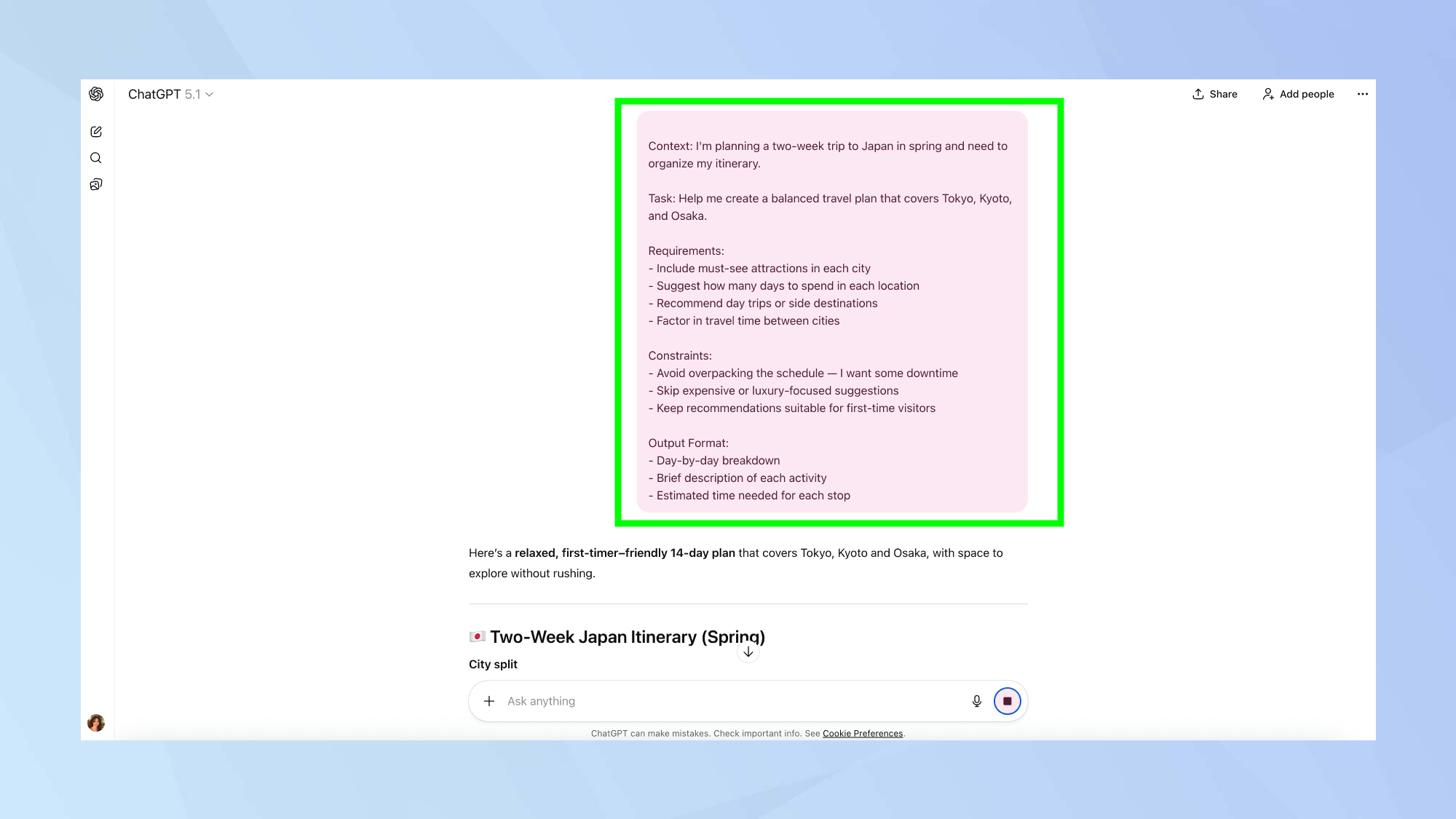 مثال على هيكلة الأوامر في ChatGPT