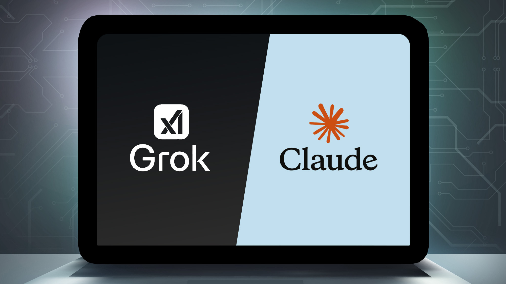 شعار Grok مقابل Claude على جهاز لابتوب