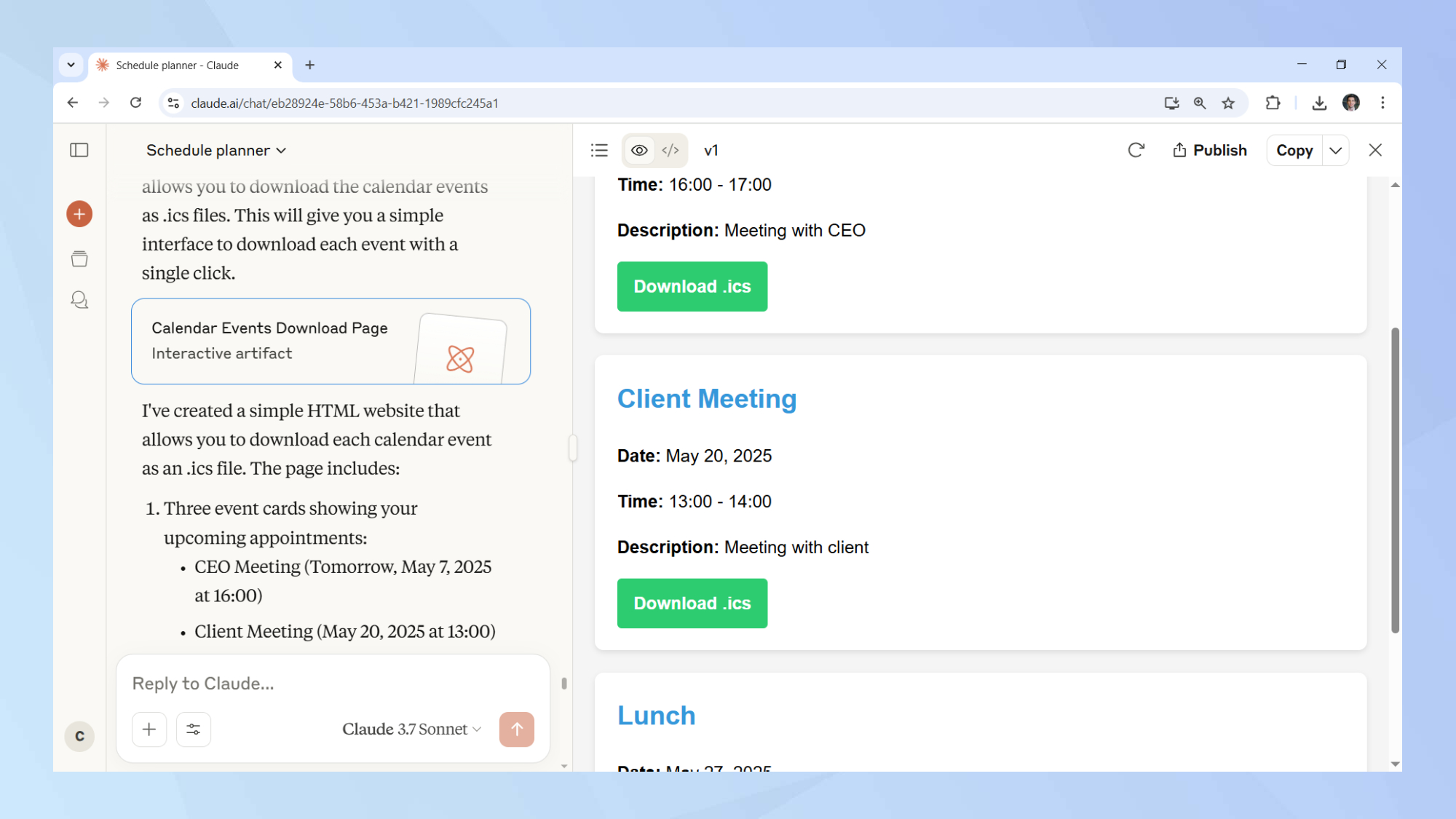 مثال على استخدام Claude في تنظيم جدول المواعيد