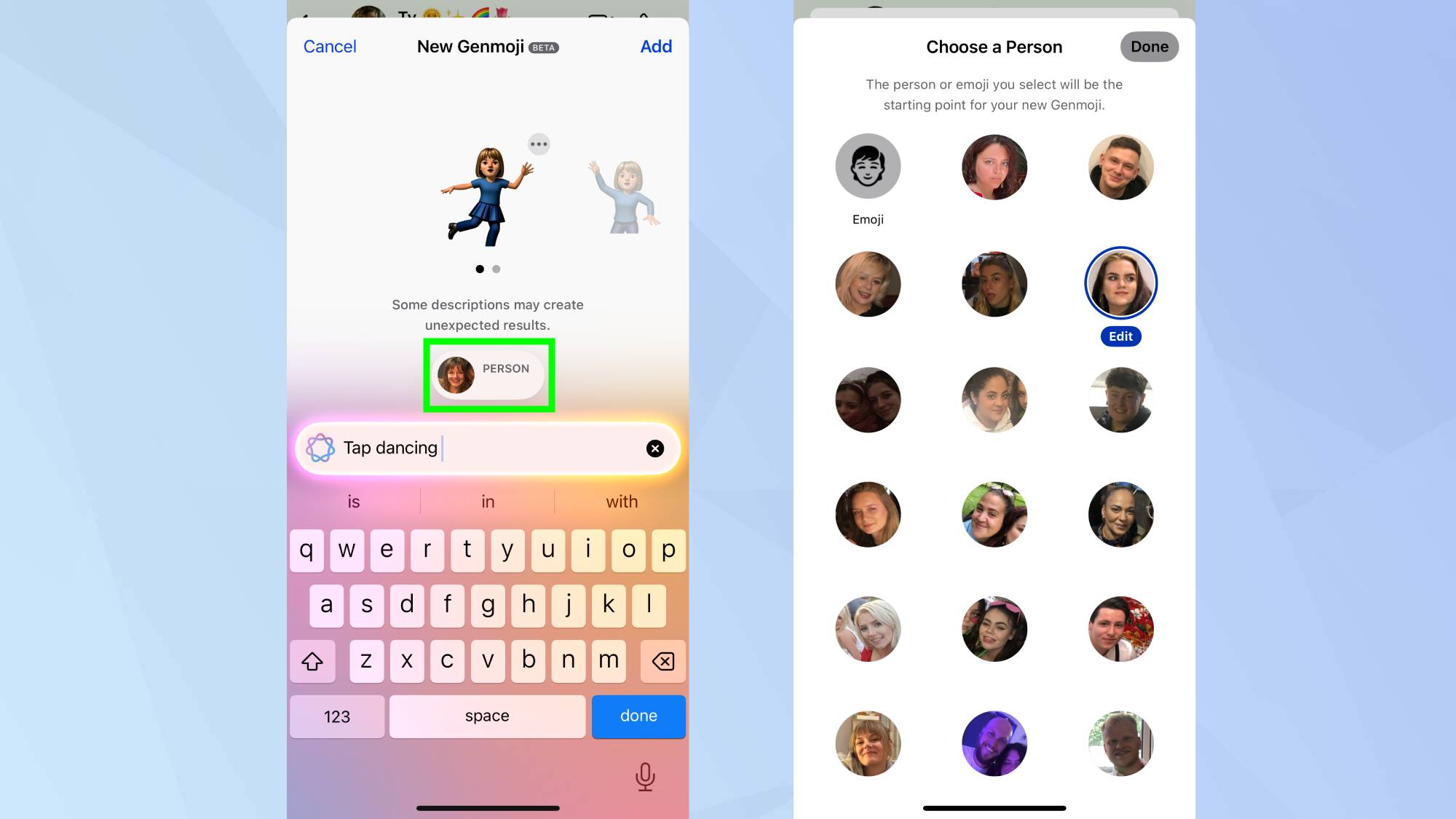 شخص مُحدد في واجهة Genmoji