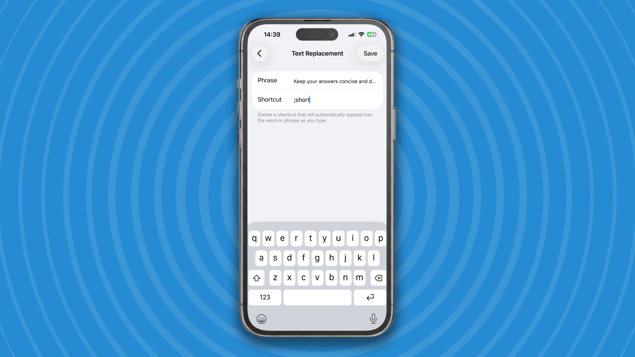 لقطة شاشة لـ iPhone تظهر ميزة Text Replacement