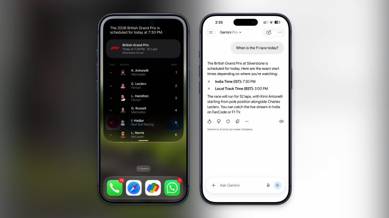 سؤال عن سباقات F1 لـ Siri AI مقابل Gemini.