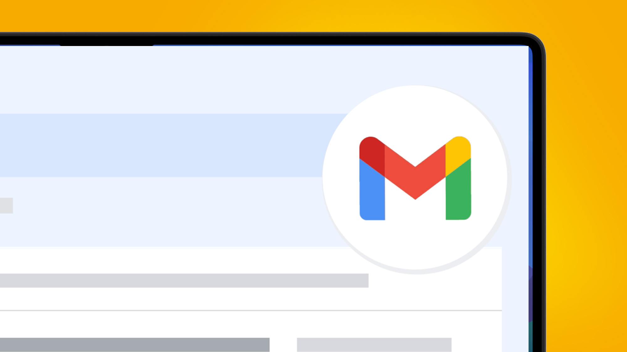 شاشة لابتوب على خلفية برتقالية تظهر شعار Gmail وصندوق بريد وارد
