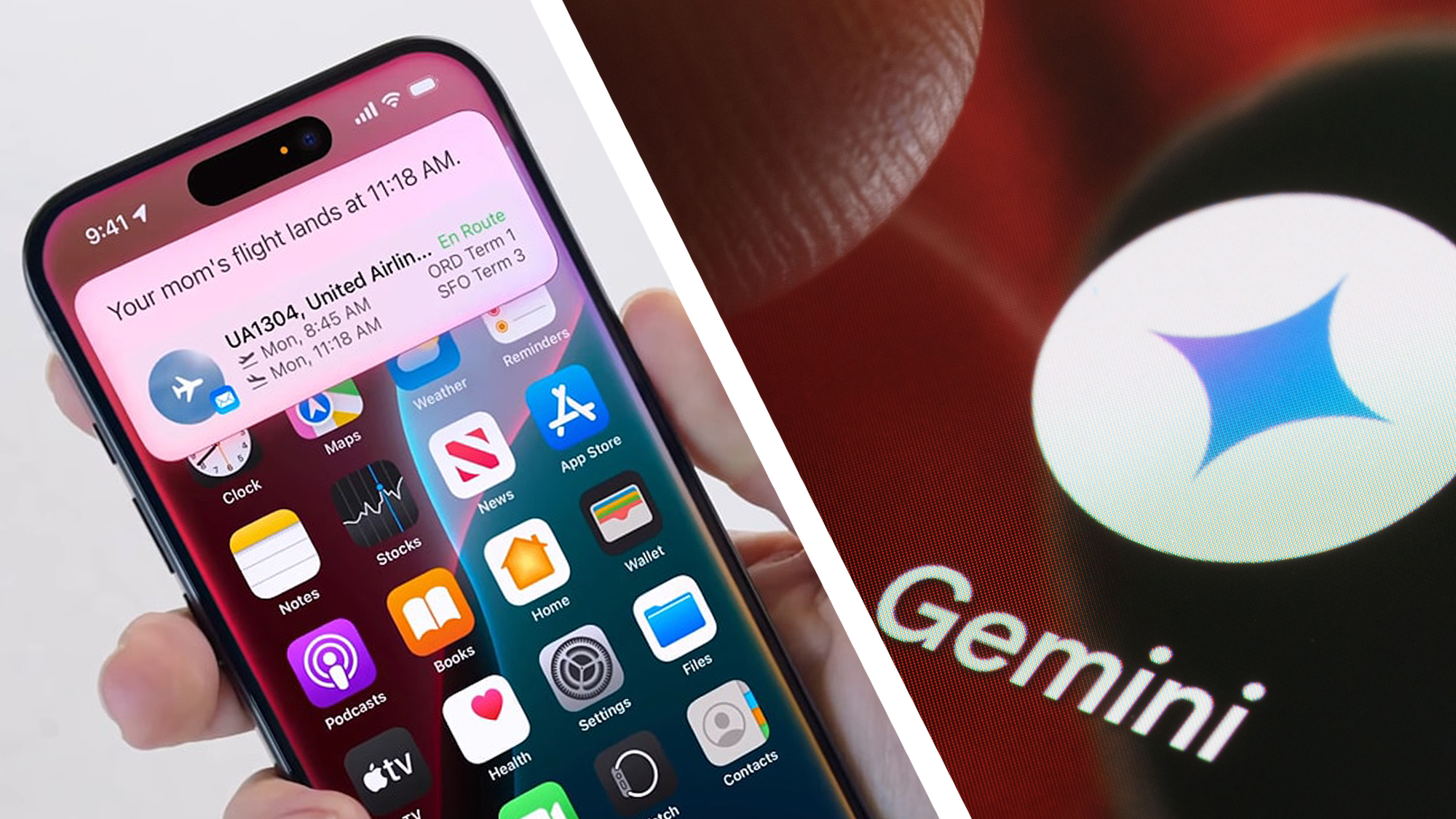 يد تحمل هاتف iPhone يستخدم Siri وشعار Gemini على هاتف