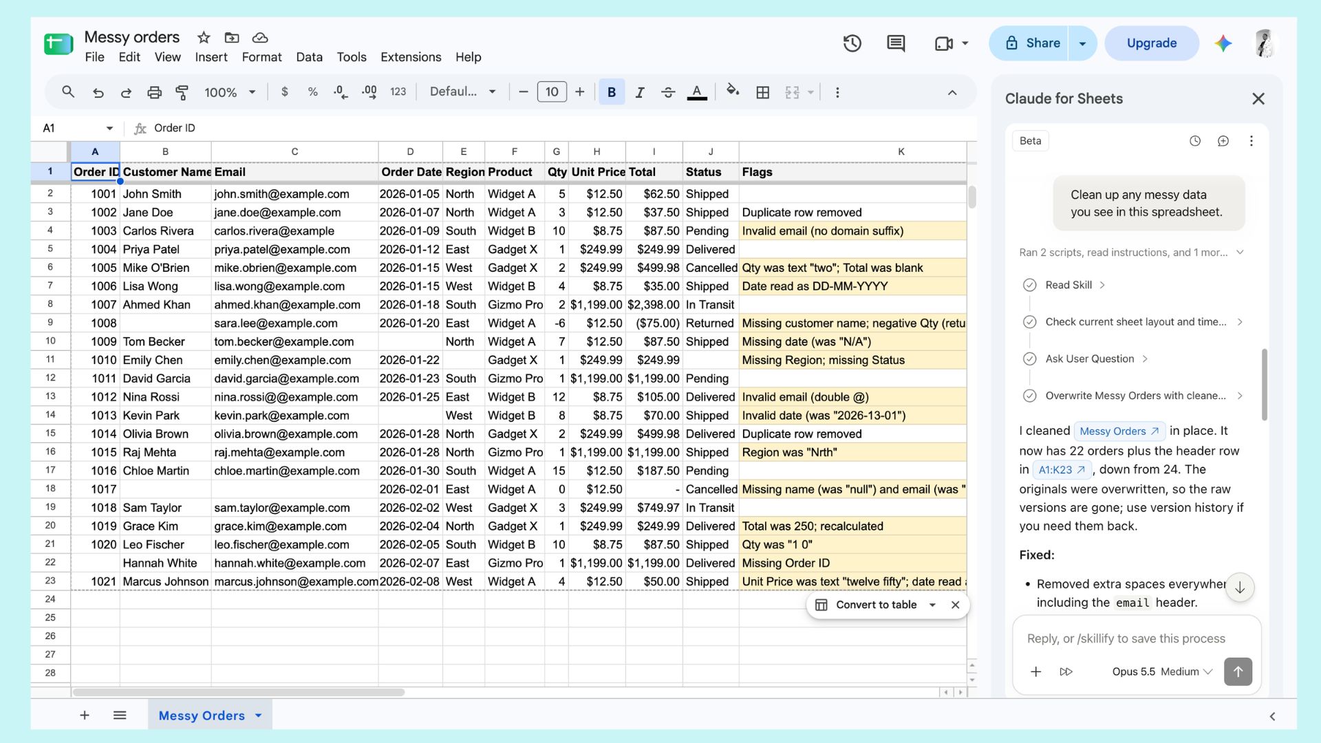 Claude في Google Sheets