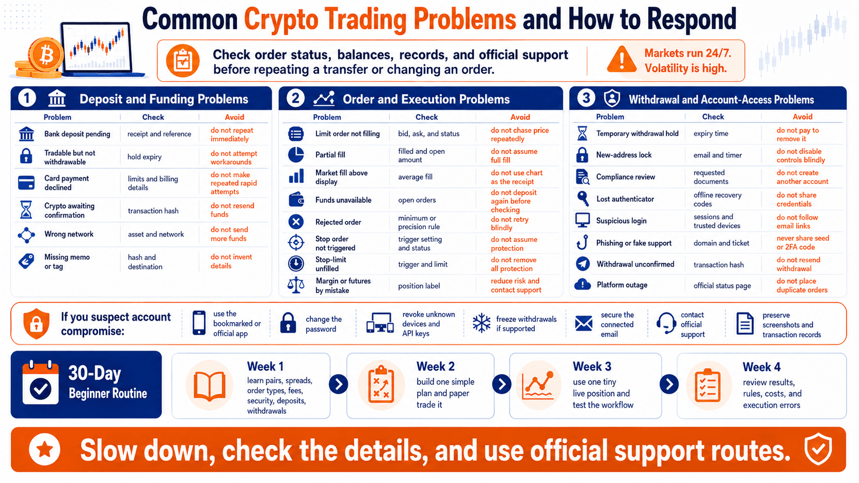 مشاكل تداول العملات الرقمية الشائعة، الفحوصات الأساسية، والاستجابات الآمنة للمبتدئين