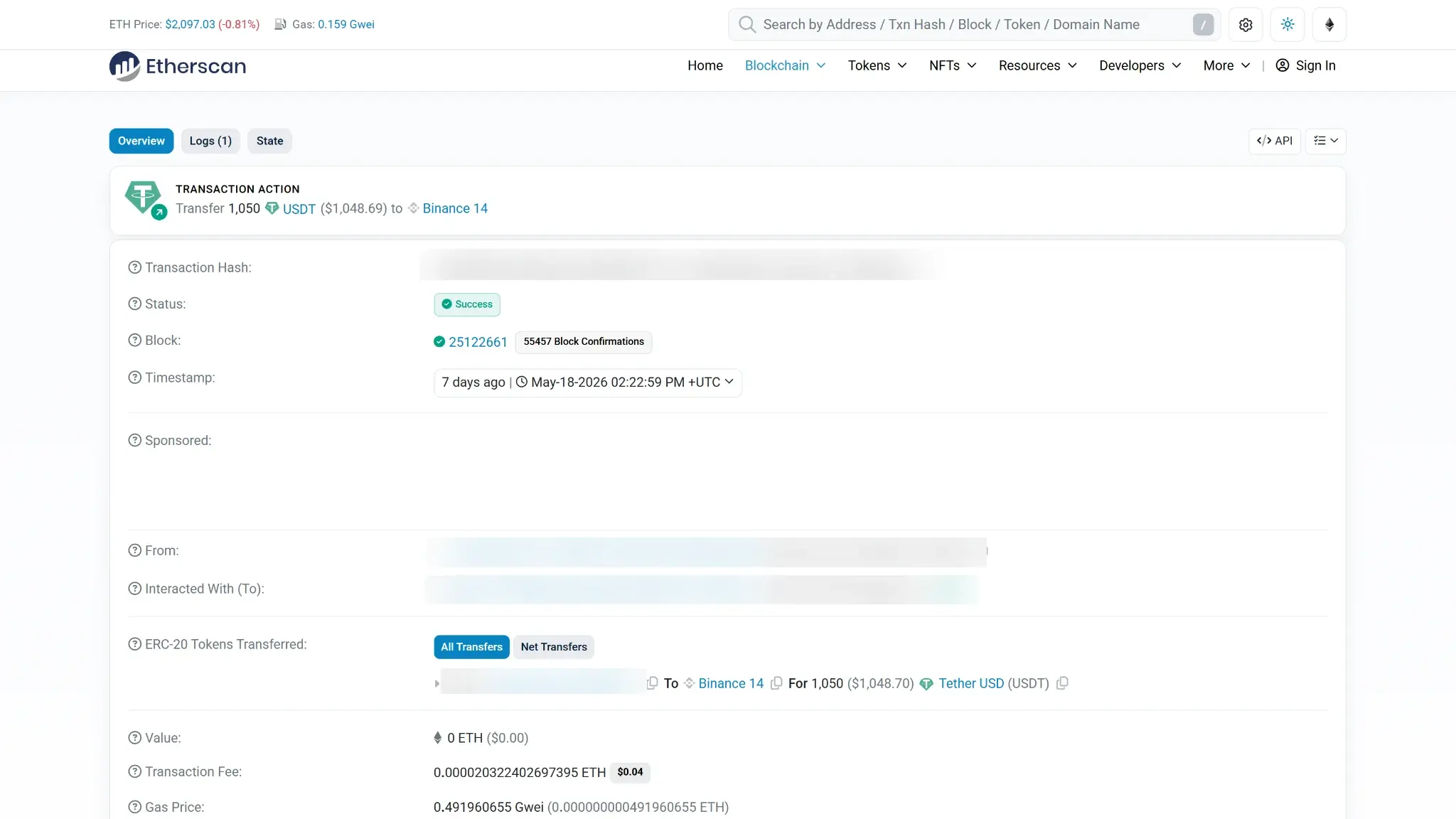 صفحة تفاصيل معاملة Etherscan تُظهر تحويل USDT ناجحًا.