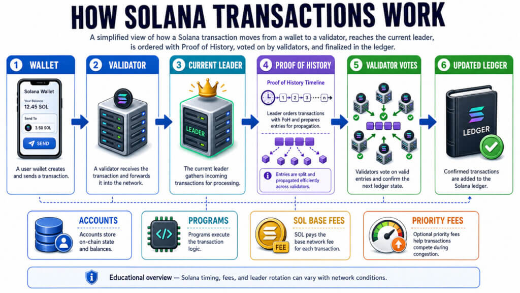 Диаграмма, иллюстрирующая пошаговый процесс создания транзакций в Solana, их обработки валидаторами и лидерами с использованием Proof of History и занесения в реестр блокчейна.